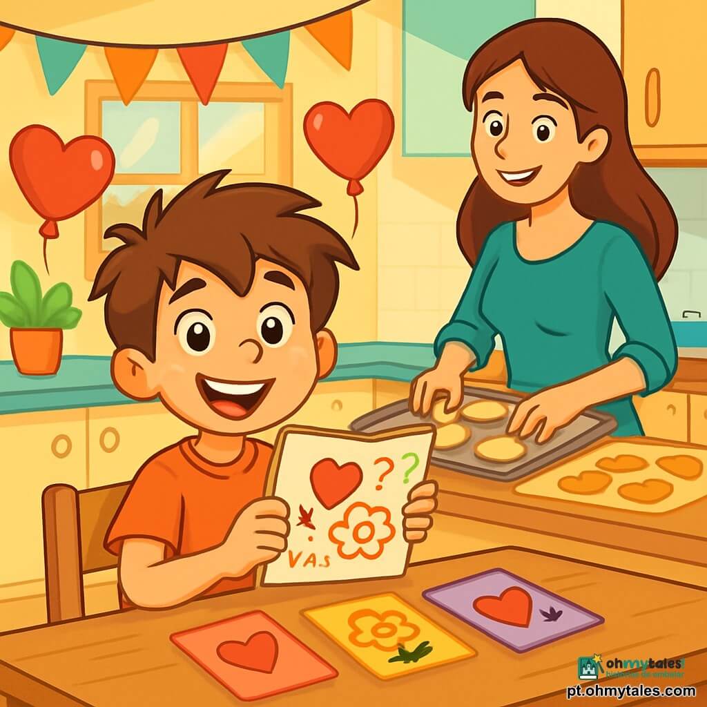 Um garoto de 8 anos, chamado João, com cabelos castanhos bagunçados e olhos brilhantes de curiosidade, está sentado a uma mesa de madeira em uma cozinha iluminada. Ele sorri entusiasmado, segurando um caderno cheio de desenhos e perguntas, pronto para compartilhar seu quiz de Dia dos Namorados com os amigos. Ao seu lado, sua mãe, uma mulher sorridente na casa dos trinta anos, com cabelos longos e castanhos, prepara biscoitos em forma de coração na bancada, acrescentando um toque acolhedor ao ambiente. A cozinha é decorada com guirlandas coloridas e balões em forma de coração, com raios de sol filtrando pela janela, iluminando o espaço com uma luz dourada. A cena principal mostra João, cheio de energia e alegria, explicando seu quiz de Dia dos Namorados aos amigos, cercado de risos e sorrisos, enquanto revela cartões de agradecimento coloridos, criando uma atmosfera festiva e amigável.