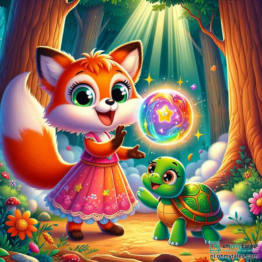 Vicky, een kleine vos met een feloranje vacht en een pluizige staart, is vol nieuwsgierigheid en opwinding terwijl ze een mysterieuze magische bal vasthoudt die straalt met een kleurrijk licht. Naast haar staat Benny, een schildpad met een groene schild en sprankelende ogen, die met een geamuseerde glimlach naar de bal kijkt. De setting is een betoverd bos, met majestueuze bomen met dikke stammen, kleurrijke bloemen die dansen in de wind en zonnestralen die door het loof filteren, wat een magische en vrolijke sfeer creëert. Vicky schudt de magische bal omringd door kleurrijke rookwolken, terwijl schitteringen van licht om hen heen flitsen, wat een avontuur vol verrassingen en lachen belooft.