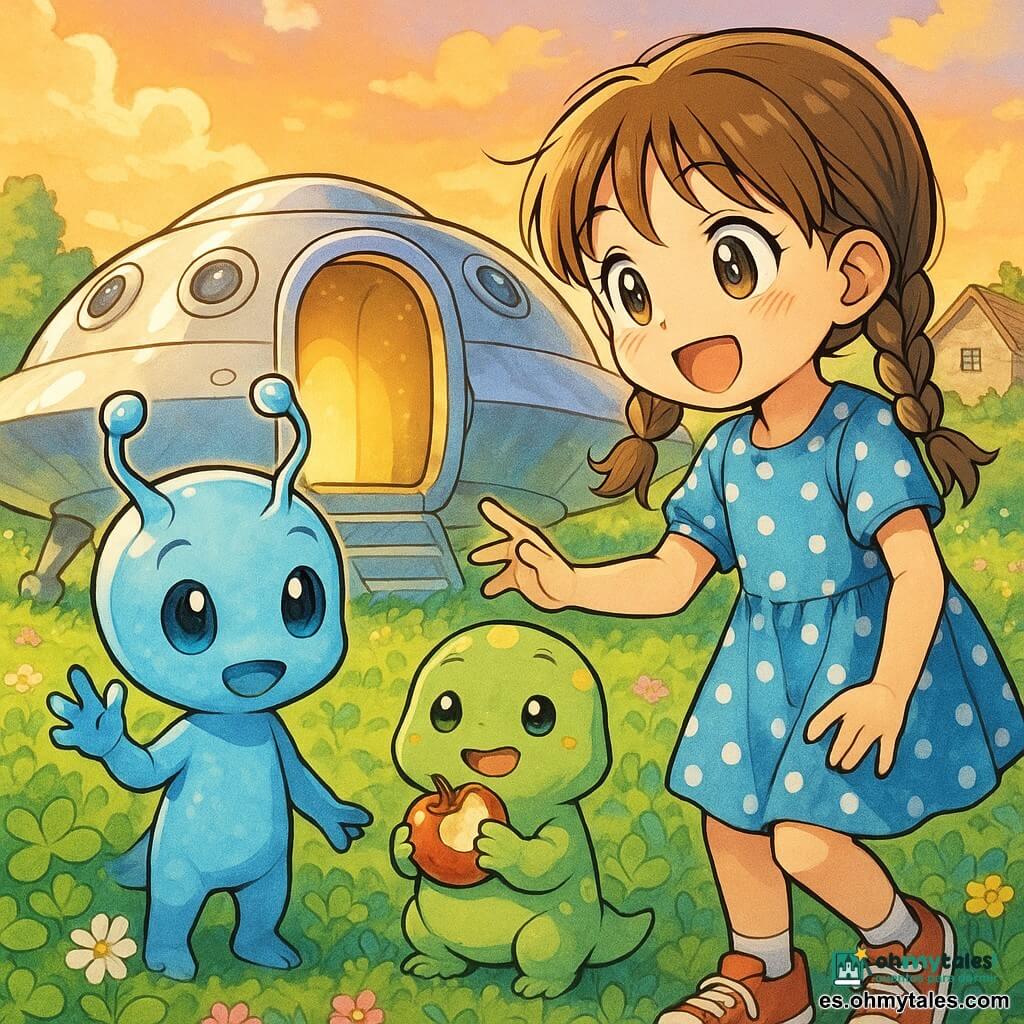 Clara, una niña de 8 años, sonríe maravillada mientras ofrece una manzana a dos pequeños extraterrestres: Zog, azul con antenas y gesto amistoso, y Zib, verde y regordete, curioso; junto a una pequeña nave espacial plateada con la puerta abierta, en una pradera de tréboles con flores, una casita de piedra al fondo y un cielo dorado de atardecer; escena de primer encuentro tierno y curioso, iluminación suave, colores saturados y rasgos expresivos estilo manga.