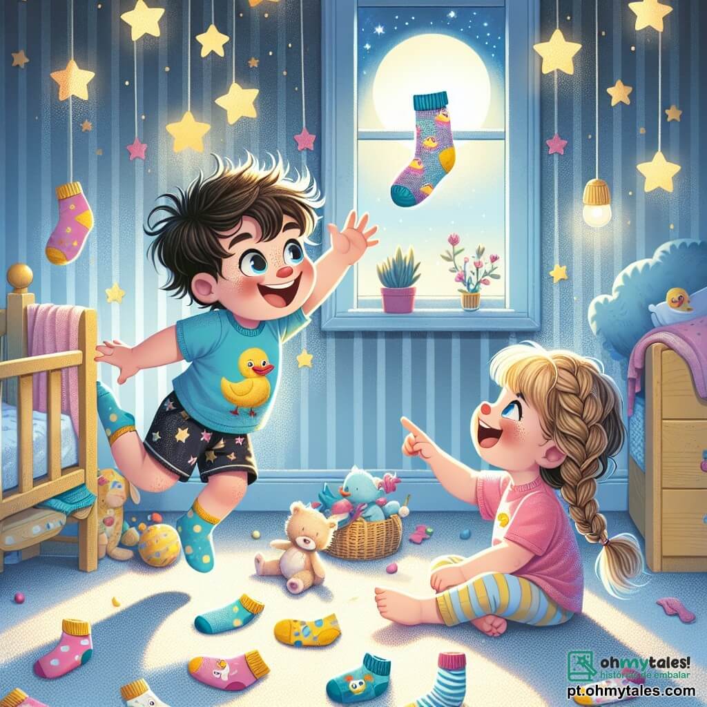 Um menino de 2 anos, com cabelos castanhos bagunçados e olhos brilhantes de curiosidade, usa meias coloridas com estampas de patos. Ele está pulando de alegria, com um grande sorriso no rosto, enquanto uma de suas meias voa pelo ar como um balão. Ao seu lado, uma menina de 3 anos, com cabelos loiros trançados e uma bonita camiseta rosa, ri enquanto aponta para a meia que está voando. Ela está sentada no chão, cercada por suas próprias meias coloridas, parecendo pronta para brincar. O cenário é um quarto infantil alegremente decorado, com paredes pintadas de azul claro, estrelas douradas penduradas no teto e brinquedos espalhados pelo tapete macio. Uma janela deixa entrar a suave luz da lua, criando uma atmosfera mágica. A cena principal mostra o menino e a menina se divertindo, pulando e rindo juntos, cercados por meias estranhas e coloridas, criando um momento cheio de alegria e camaradagem, perfeito para uma história engraçada antes de dormir.