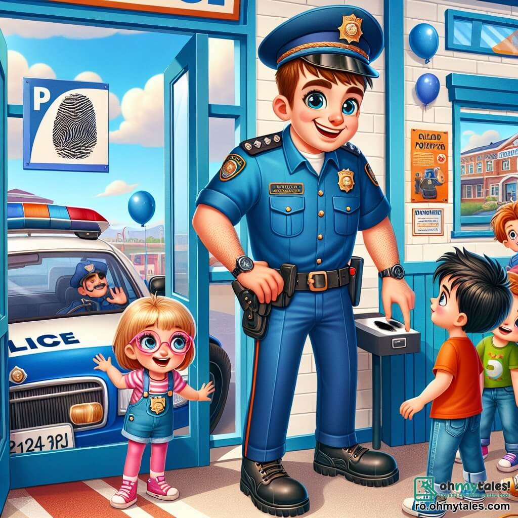 Un polițist pe nume Andrei, zâmbitor și entuziast, poartă un uniformă albastră strălucitoare cu o șapcă. Are părul brunet și ochii strălucind de bucurie, stând în fața unei uși mari a stației de poliție. Lângă el, o fetiță de 8 ani, Ana, cu părul blond și ochelari roz, privește fascinată mașina de poliție, cu ochii mari. Un băiat de 9 ani, Vlad, cu părul șaten și purtând un tricou roșu, se apropie curios de trusa de amprente, în timp ce un alt băiat, Matei, de 10 ani, cu părul negru și un zâmbet ștrengar, încearcă să urce în mașina de poliție. Locul este o stație de poliție modernă, cu pereți albi și afișe colorate despre siguranța rutieră. Balonase albastre plutesc în aer, iar o mare banner anunță "Ziua Porților Deschise". Situația principală arată cum Andrei le explică copiilor importanța siguranței, în timp ce aceștia descoperă cu uimire diferitele activități propuse, cum ar fi demonstrația radio și explorarea mașinii de poliție.
