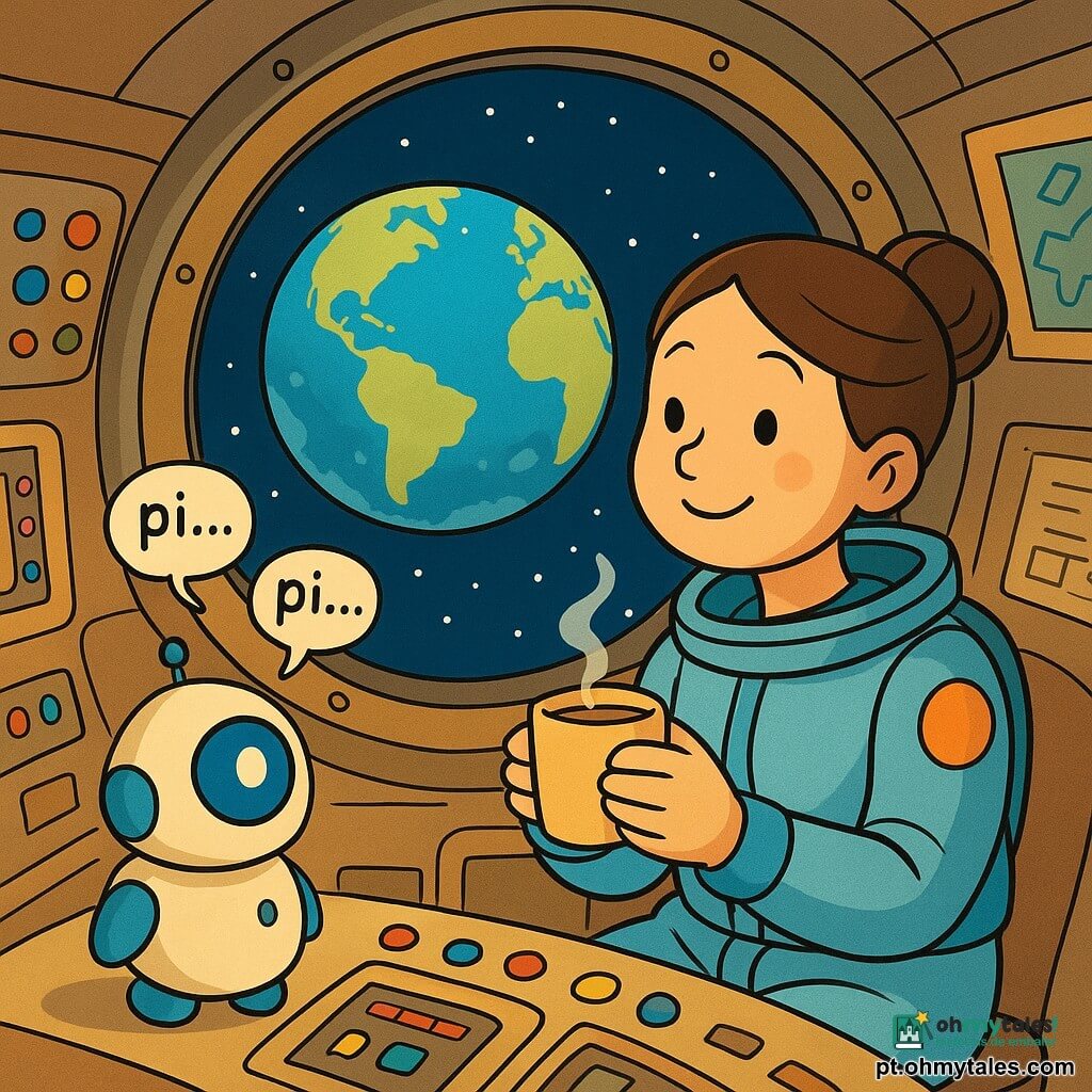 Uma astronauta chamada Lila, sorridente e doce, sentada junto a uma grande janela redonda — rosto arredondado, pele clara, olhos brilhantes, cabelo preso em coque — segurando uma pequena xícara quente; ao lado, um robô companheiro pequeno e arredondado, creme e azul-céu, com um olho luminoso e amigável que emite pequenos "pi… pi…"; cena no interior de uma cabine espacial aconchegante com paredes metálicas curvas, painéis de botões coloridos, mapas e um rádio piscando, luz âmbar suave; pela janela a Terra aparece como uma grande esfera azul e verde com nuvens brancas e um céu estrelado profundo; Lila prepara calmamente a noite, olhando a Terra e sorrindo, com o robô ao lado perto dos instrumentos e do rádio, em uma atmosfera terna e segura.