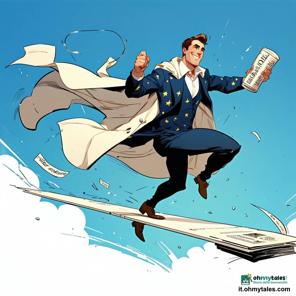 Un uomo, il protagonista Elio (Capitan Folgore di Carta), determinato e sorridente, volto rotondo e capelli castani corti, indossa una tuta blu notte con piccole icone di stelle e segnalibri e un mantello color panna che svolazza; è in equilibrio su una sottile tavola volante bianca marcata EDIZIONE VOLANTE, con una mano che tiene una grande graffetta metallica agganciata a una torre della turbina e l’altra che brandisce un nastro lucente che forma una rete per raccogliere pagine. Un bambino di circa 6 anni con berretto rosso e capelli castani, occhi spalancati di ammirazione, sta a terra su una collinetta d’erba a destra di Elio con le mani alzate. Una donna, la bibliotecaria Mira (circa 50 anni) coi capelli grigi raccolti in uno chignon, occhiali tondi e un grembiule chiaro, è leggermente in disparte vicino a un piccolo cestino di libri, sorridente e sollevata. Il Risucchiatore è un drone-macchina verde brillante con un grande imbuto frontale, bracci meccanici articolati e luci LED verdi; vira leggermente a sinistra liberando pagine che fluttuano. Lo sfondo è un parco eolico al crepuscolo: alte turbine bianche, erba alta mosse dal vento, cielo rosa-azzurro e poche nuvole sottili; pagine che volano come farfalle dorate tra le pale. Situazione principale: azione di salvataggio — l’eroe stabilizza la tavola agganciando la graffetta alla turbina mentre il nastro forma una rete luminosa per raccogliere le pagine cadenti; atmosfera di coraggio e speranza, luce calda e movimento dinamico.