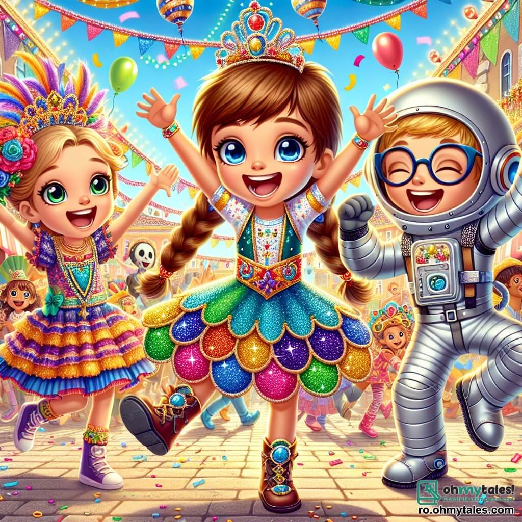 Un băiat de 8 ani, Alex, cu părul castaniu și ochi strălucitori de bucurie, poartă un costum de carnaval colorat, cu o pelerină strălucitoare și o mască decorată cu sclipici. El dansează cu un zâmbet mare pe față, cu brațele ridicate, plin de energie și entuziasm. Lângă el, Mara, o fetiță de 8 ani cu părul blond împletit și o rochie cu flori, râde vesel în timp ce ține o ghirlandă de flori colorate. Radu, un băiat de 8 ani cu ochelari și un costum de astronaut argintiu, face gesturi amuzante, imitând un astronaut în imponderabilitate. Locul este o piață centrală animată, decorată cu ghirlande colorate, baloane flotante și standuri cu dulciuri, unde lumini strălucesc sub un cer albastru deschis. În fundal, un mare cortegiu de carnaval defilează, plin de creaturi fantastice și muzicieni veseli. Situația principală îi arată pe Alex, Mara și Radu dansând și distrându-se împreună, înconjurați de magia și bucuria carnavalului, cu râsete și culori vii care umplu aerul.