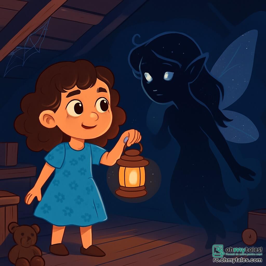 O fetiță de 8 ani, Ilinca, cu părul castaniu și creț, ochi mari și curioși și un zâmbet hotărât, stă în mijlocul unei poduri vechi și prăfuite, ținând o lanternă care îi luminează fața cu o lumină blândă și caldă. Poartă o rochie albastră cu flori, ușor șifonată, care contrastează cu întunericul din jur. Lângă ea, o umbră misterioasă ia formă, reprezentând o veche zână, cu ochi strălucitori ca stelele și aripi translucide care sclipesc în lumina lanternei. Ea plutește ușor deasupra solului, privindu-o pe Ilinca cu un amestec de tristețe și speranță. Podul este plin de cutii de lemn vechi, jucării uitate și pânze de păianjen care atârnă din grinzi. Razele de lună filtrează prin fantele acoperișului, creând modele luminoase pe podeaua de lemn uzat. Situația principală o arată pe Ilinca, cu un aspect curioasă și curajos, apropiindu-se de umbră, pregătită să descopere secretul ascuns al podului, în timp ce atmosfera este atât misterioasă, cât și magică, plină de promisiuni de aventuri și revelații.