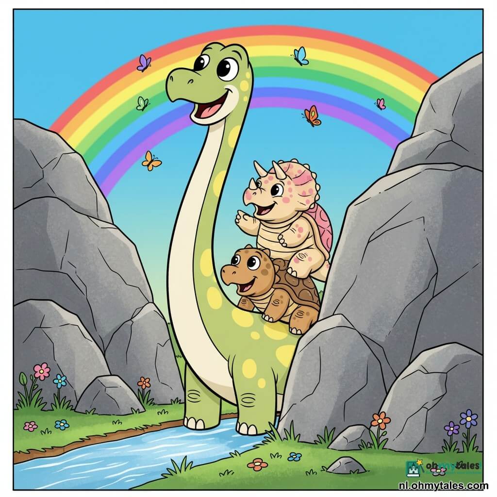 Dido, een langnek-diplodocus, vrolijk en verwonderd, lichtgroen met gele vlekken, strekt zijn nek om door een klein gat tussen twee grote grijze rotsen te kijken; Trixie, een mollige, opgewekte triceratops met korte hoorns en een beige schild met roze vlekken, zit op Dido's rug en wijst met haar snuit naar de lucht; Bob, een verlegen ankylosaurus met een bruin platenpantser en een kleine knotsstaart, staat ook op Dido's rug, glimlachend en stevig neerpendelend. Voorgrond: zacht groen gras, gekleurde bloemetjes en een glinsterend beekje; door het gat zie je een verzadigde regenboog en kleurrijke vlinders, warme namiddagslicht en zachte schaduwen — een vredige, vrolijke scène met ronde silhouetten, gecentreerd op Dido en het lichte gat.