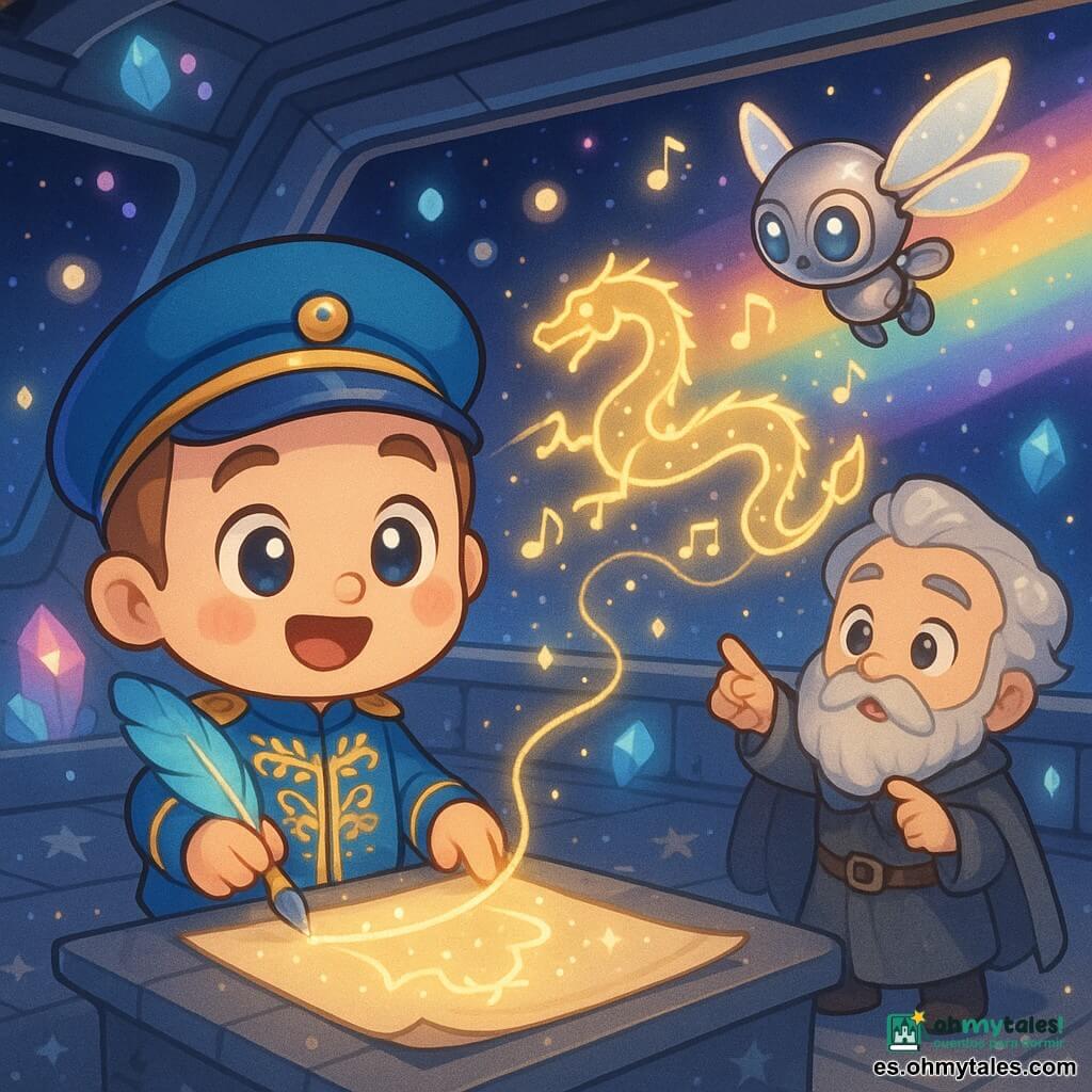 El comandante Luar, hombre alegre y benevolente de rostro redondo y ojos brillantes, vestido con uniforme azul vivo y bordados dorados, sostiene una pluma mágica que traza una línea luminosa sobre un pergamino flotante; a la derecha, Zian, mago explorador de unos 45 años con gran barba plateada como polvo de luna y capa plateada, señala maravillado una constelación dorada; sobre el pergamino revolotea un pequeño robot alado tamaño gatito, cuerpo metálico pulido y alas translúcidas que dejan chispas de colores; todo ocurre en el puente de la estación Nebulina, con una gran ventana panorámica que muestra una galaxia Arcoíris de cintas coloridas, paredes incrustadas de cristales luminosos y suelo metálico liso con motivos estelares y burbujas de luz flotantes; Luar dibuja la constelación del Dragón Dorado con la pluma y una silueta de dragón en puntos luminosos se forma sobre el pergamino mientras notas musicales de luz ondulan alrededor de las estrellas, Zian observa maravillado y el robot gira encima.