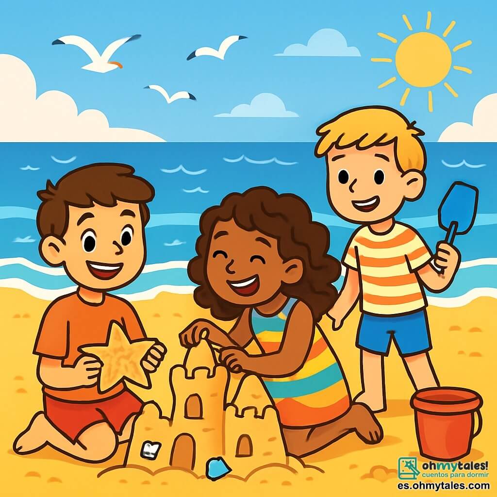 Un niño de 10 años, llamado Marcos, con cabello castaño y ojos llenos de curiosidad, está sentado en la arena dorada de la playa, sonriendo y sosteniendo una estrella de mar de arena que ha hecho. A su lado, una niña de 10 años, Lucía, con cabello rizado y un vestido colorido, decora un castillo de arena con conchas, riendo alegremente. Un niño de 10 años, Pedro, con cabello rubio y una camiseta a rayas, está de pie sosteniendo una pequeña pala, listo para construir una nueva torre para el castillo. Al fondo, el mar se extiende a lo lejos, con olas brillantes bajo el sol radiante y gaviotas volando en el cielo azul. La escena muestra a los niños creando juntos un hermoso castillo de arena, rodeados de risas y felicidad, simbolizando la amistad y la aventura veraniega.