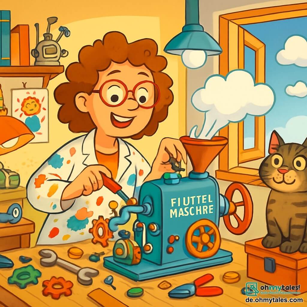 Eine fröhliche Frau, Frau Flitze, mit lockigem Haar und runden Brillen, bastelt in ihrem hellen Atelier. Sie trägt einen bunten Kittel, der mit Farbklecksen bedeckt ist, und lächelt begeistert, umgeben von verschiedenen Werkzeugen und Materialien. Neben ihr sitzt ihr neugieriger Kater, Professor Purzel, ein großer getigerter Kater mit funkelnden grünen Augen, auf einer Werkzeugkiste. 

Das Atelier ist voller skurriler Kreationen: seltsame Maschinen, Regale, die mit Büchern überquellen, und Wände, die mit bunten Zeichnungen dekoriert sind. In der Mitte steht ein großer Arbeitstisch, der mit Teilen aller Art bedeckt ist, während ein offenes Fenster Sonnenlicht hereinlässt und Wolken aus Baumwolle draußen schweben. 

Frau Flitze baut ihre Fluffel-Maschine zusammen, eine unglaubliche Erfindung, die alles, was sie berührt, weich und fluffig machen soll. Lachen und Geräusche des Bastelns erfüllen die Luft, während ein kissenförmiges Wolkenkissen gerade aus dem Fenster geflogen ist und der Szene einen humorvollen Touch verleiht.