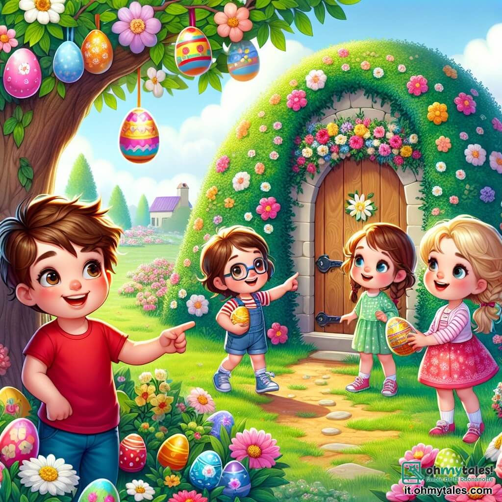 In un giardino magico di Pasqua, quattro bambini sono riuniti. Marco, un ragazzo di 8 anni con i capelli castani disordinati e una maglietta rossa, sta indicando una piccola porta di legno decorata con fiori. Accanto a lui, Sara, una bambina di 7 anni con i capelli biondi intrecciati, guarda con meraviglia, i suoi occhi brillano di curiosità. Più lontano, Luca, un ragazzo di 9 anni con occhiali e capelli castani, ride tenendo un grande uovo colorato tra le mani. Infine, Chiara, una bambina di 6 anni con due codini e un vestito rosa, si avvicina a un cespuglio fiorito, pronta a scoprire una sorpresa nascosta. Il giardino è pieno di fiori vivaci di tutti i colori, con alberi carichi di frutti e uova di Pasqua brillanti nascoste ovunque. Al centro, un grande prato verde si estende sotto un cielo blu chiaro punteggiato di nuvole bianche e soffici. I bambini sono in piena caccia alle uova, scoprendo uova magiche che liberano colori e luci, mentre un allegro coniglio, il Coniglio Pasquale, li osserva con un sorriso benevolo.