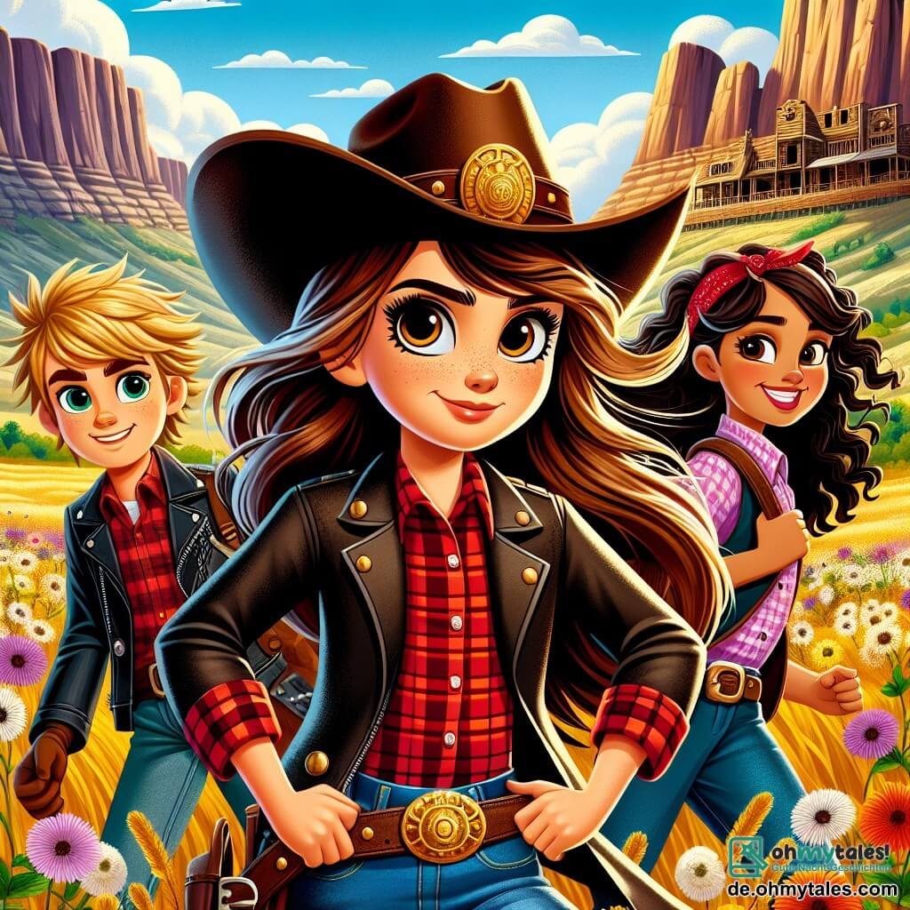 Lila, eine 10-jährige Cowgirl, steht stolz im Mittelpunkt des Bildes, mit langen braunen Haaren, die im Wind wehen. Sie trägt einen großen Cowboyhut, ein rotes kariertes Hemd und eine Jeans, und ihr Gesicht zeigt einen mutigen Entschluss. Neben ihr steht Max, ein 9-jähriger Junge mit zerzausten blonden Haaren und einer Lederjacke. Er schaut Lila bewundernd an und hält fest die Zügel seines Pferdes. Mia, ein 8-jähriges Mädchen mit lockigem Haar und strahlendem Lächeln, steht etwas im Hintergrund, bereit, sie zu unterstützen, mit den Händen in den Hüften. Die Szenerie ist eine weite goldene Prärie, übersät mit bunten Wildblumen, und im Hintergrund erheben sich majestätische Berge unter einem strahlend blauen Himmel. In der Ferne ist eine alte verlassene Mine zu sehen, düster und geheimnisvoll, in der der Bösewicht Black Jack lauert. Die Hauptsituation zeigt Lila, Max und Mia, vereint und entschlossen, sich Black Jack zu stellen und die gestohlenen Gegenstände zurückzuholen, mit einer spürbaren Atmosphäre von Abenteuer und Mut in der Luft.
