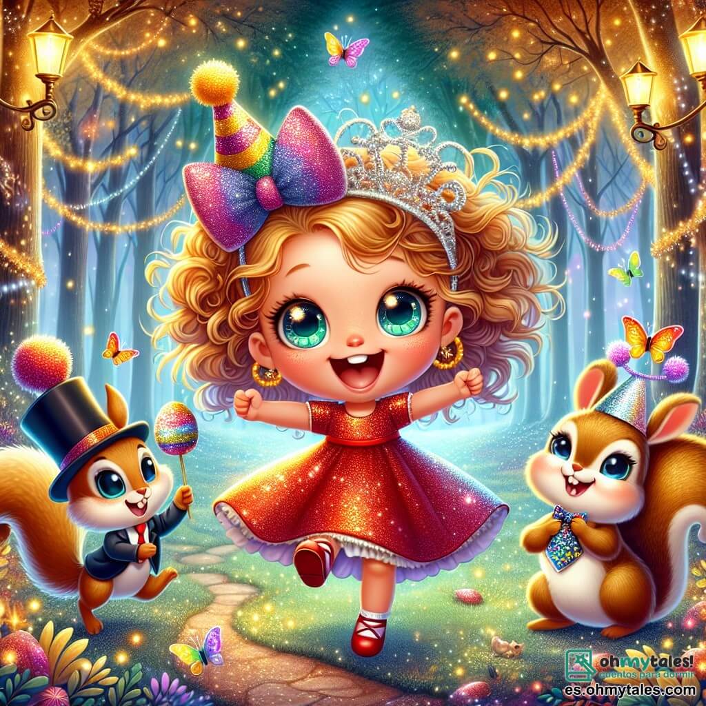 Una niña de 4 años, llamada Lucía, con cabello rizado y dorado, lleva un vestido rojo brillante. Tiene ojos llenos de curiosidad y una gran sonrisa, saltando de alegría en un claro de un bosque encantado. A su lado, un pequeño conejo juguetón, con un sombrero de fiesta negro y una corbata colorida, la mira con ojos traviesos. Un poco más lejos, una ardilla traviesa, con un lazo colorido alrededor del cuello, sostiene una nuez brillante, lista para compartirla con Lucía. El lugar es un claro mágico, rodeado de árboles majestuosos con hojas doradas y plateadas, iluminado por luciérnagas que bailan en el aire, creando una atmósfera de cuento de hadas. La escena principal muestra a Lucía y sus nuevos amigos animales celebrando alegremente el Año Nuevo, rodeados de guirnaldas coloridas y confeti, mientras hacen un deseo juntos para el año venidero.
