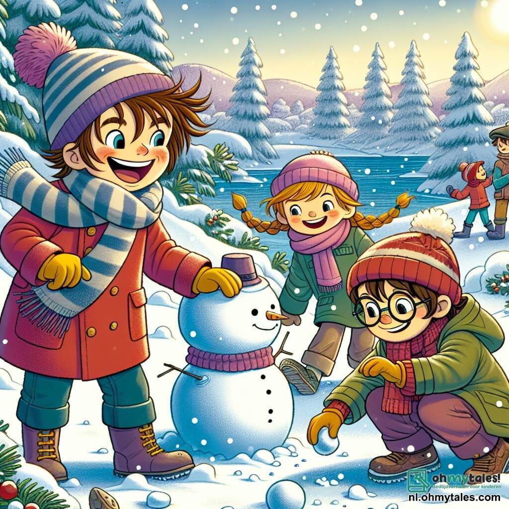Een 5-jarig jongetje, Max, met rommelig bruin haar en door de kou rozige wangen, lacht luid terwijl hij een sneeuwbal de lucht in gooit. Hij draagt een grote rode jas, een blauwe sjaal en een paar gele handschoenen, en zijn gezicht straalt aanstekelijke vreugde uit. Naast hem staat Lotte, een 5-jarig meisje met lange, gevlochten blonde haren, die glimlacht terwijl ze sneeuw verzamelt om een sneeuwbal voor hun sneeuwman te maken. Ze is gekleed in een roze jas en een paarse muts, en staat iets op de achtergrond, maar is klaar om mee te doen. Finn, een 5-jarig jongetje met kastanjebruin haar en ronde bril, zit op de grond bij de sneeuw en zoekt stenen voor de ogen van de sneeuwman. Hij draagt een groene jas en een gestreepte sjaal, en zit vlakbij Max, die zijn enthousiasme deelt. De achtergrond is een betoverend winterlandschap: majestueuze bomen bedekt met glinsterende sneeuw, zachte heuvels en een helderblauwe lucht vol zacht vallende sneeuwvlokken. In de verte zijn huizen met besneeuwde daken te zien, wat een warme en magische sfeer creëert. De hoofdactie toont Max, Lotte en Finn die samen een sneeuwman bouwen, lachend en spelend in de verse sneeuw, omringd door de vredige schoonheid van de winter.