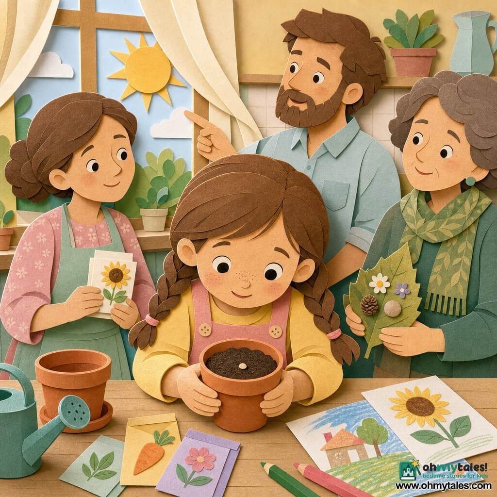A 6-year-old girl with a round freckled face and chestnut pigtails smiles with bright curious eyes as she holds a small terracotta pot and leans to examine a tiny seed on dark potting soil; her father (about 35) with a gentle face and light beard, sleeves rolled, stands behind her to the right pointing toward the morning light, her mother (about 33) with tied-back hair in a pastel dress stands left by the windowsill holding a small seed packet illustrated with a sunflower, and Aunt Lila (about 50) stands slightly back wearing a green scarf and holding a sheet of nature-treasure drawings while smiling at the girl, all in a sunlit kitchen interior with a light wood windowsill, a moving sheer curtain, an extra pot, colorful small seed envelopes and children’s drawings on the table—the scene centers on the hands, pot and seed in a calm hopeful moment, with crisp paper-cut textures, soft spring colors (mint, pale yellow, pink), soft shadows and well-defined contours.