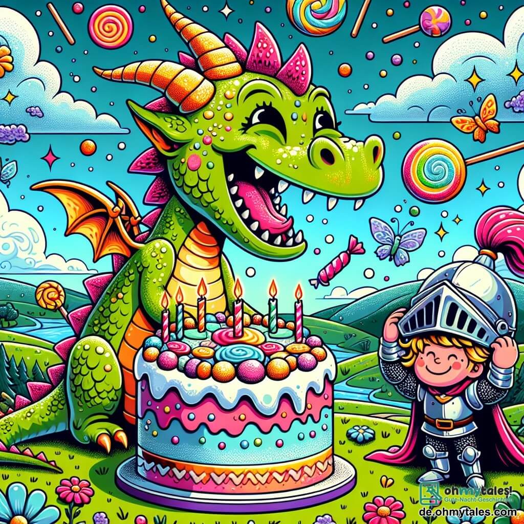 Ein kleiner Drache mit schimmernden, bunten Schuppen und großen, schelmischen Augen steht im Mittelpunkt des Bildes, lacht fröhlich und hält einen riesigen, mit Sahne und Süßigkeiten dekorierten Kuchen. Neben ihm beobachtet ein netter Ritter in glänzender Rüstung mit großem Lächeln und amüsiertem Gesichtsausdruck die Szene, während er sich etwas perplex am Kopf kratzt. Über seinem Kopf bildet sich eine kleine Zuckermenge, die seinem Ausdruck eine humorvolle Note verleiht. Im Hintergrund erstreckt sich eine märchenhafte Landschaft: sanfte, grüne Hügel mit bunten Blumen, die im Wind tanzen, ein blauer Himmel mit bonbonförmigen Wolken und ein funkelnder Bach, der durch die Szenerie schlängelt. Die Hauptsituation zeigt den Drachen und den Ritter, die überrascht und belustigt entdecken, dass der Kuchen lebendig geworden ist, während eine kleine Zuckermärchenfee lachend herausfliegt und der gesamten Szene einen Hauch von Magie und Leichtigkeit verleiht.