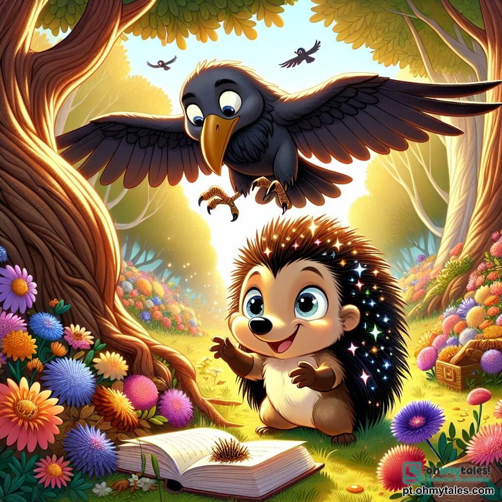 Um pequeno ouriço chamado Pipo, com espinhos brilhantes como estrelas e olhos curiosos, está no centro da cena, com um grande sorriso no rosto, procurando um livro perdido em uma floresta encantada. Ao lado dele, uma majestosa coruja, a Coruja Sabida, com grandes penas marrons e óculos redondos no nariz, voa acima de Pipo, parecendo preocupada mas grata, apontando com o bico para um monte de flores coloridas. A floresta é cheia de árvores de troncos retorcidos e folhagens densas, banhadas por uma suave luz dourada, com flores vibrantes que dançam ao vento. A cena principal mostra Pipo e a Coruja em busca entusiasmada entre as flores, enquanto um raio de sol ilumina o livro cintilante escondido nos pétalas.