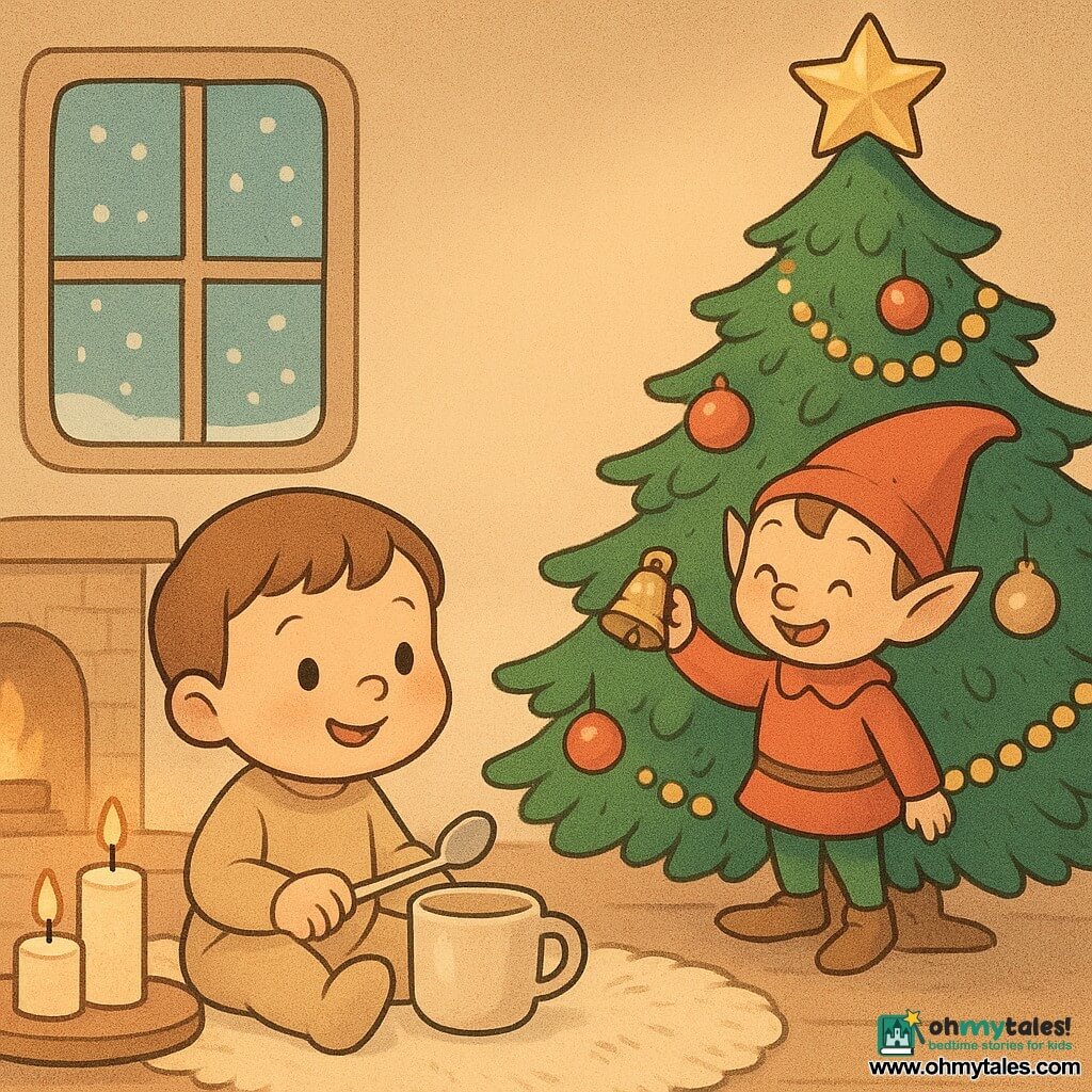 Pip, a toddler with round cheeks and short hair, looks delighted and smiling as he taps a cup with a small silver spoon; Jolly, a small elf with pointed ears and a red cap, stands on a low branch to Pip’s right, facing him and gently shaking a tiny golden bell; Pip sits on a fluffy rug beside a large, full Christmas tree decorated with shiny baubles, gold garlands and a sparkling star, in a warm room with a low fireplace glow, candles and a frosted window with falling snow; pastel warm colors, soft lighting, fuzzy textures and rounded outlines in a simple friendly illustrative style, a quiet tender moment of spoon-on-cup and bell-tinkling sounds around the tree.