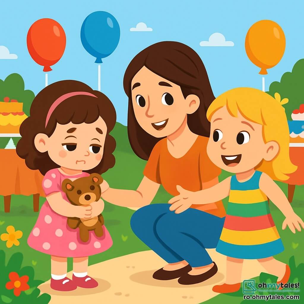 O fetiță de 4 ani, Sofia, cu ochi mari și strălucitori și păr castaniu creț, poartă o rochie roz cu buline albe. Are un aer timid și un zâmbet ușor, ținându-și ursulețul de pluș aproape de piept, în timp ce privește în jos, obrajii ei fiind ușor roșii de jenă. Lângă ea, mama ei, o femeie zâmbitoare de aproximativ 30 de ani, cu păr lung și brunet, se apleacă pentru a-i vorbi blând, oferindu-i o privire reconfortantă. Ana, o altă fetiță de 4 ani, cu păr blond și o rochie colorată, se apropie de ele cu un zâmbet larg, întinzându-și mâna către Sofia pentru a o invita să se joace. Scena se desfășoară într-o grădină însorită, plină de baloane colorate care plutesc în aer și mese decorate cu prăjituri și dulciuri. Râsetele copiilor răsună în jur, iar flori de culori vii marginesc cărarea. Sofia, puțin jenată după ce a vărsat un pahar cu suc, se simte mică și ezitantă, dar începe să zâmbească văzându-și prietenii pregătiți să o includă în joc.