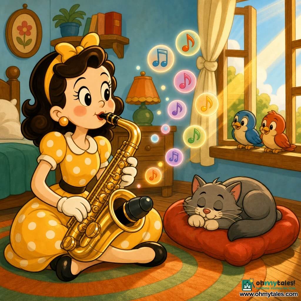 A happy, focused woman smiles softly with bright round eyes and rosy cheeks, wearing a yellow polka-dot dress and holding a shiny golden saxophone against a red cushion; a small gray sleeping cat curls on the cushion beside her. The sunny small room has pale blue walls, an orange-and-green striped rug, and an open window letting in golden rays with birds drawn on the sill. She sits cross-legged on the floor, playing the saxophone with a small black mute on the bell as colorful rounded musical notes float in the air like glowing bubbles.
