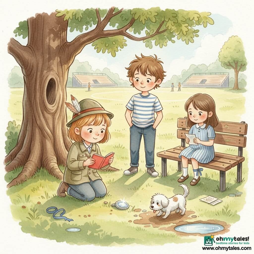 An 8-year-old girl, happy and focused, round freckled face and short light brown hair, wearing a feathered hat and khaki jacket, kneels by an old oak holding a small red notebook and a stubby pencil, her eyes sparkling at a shiny, muddy badge on the grass; her 9-year-old brother stands behind her, smiling and slightly teasing with messy brown hair and a striped tee, hands in his pockets; another shy, gentle 8-year-old girl named Kara sits on a nearby worn wooden bench in a blue striped dress with a blue ribbon tied at her ankle, watching and holding a small folded note; a small white dog, Pip, wags and sniffs near the badge; the bright park has grassy ground, large oak shadows, a distant football pitch and blurred stands, puddles glinting—the scene captures a warm, pastel watercolor moment of discovery and investigation with white gel-pen highlights on the badge.