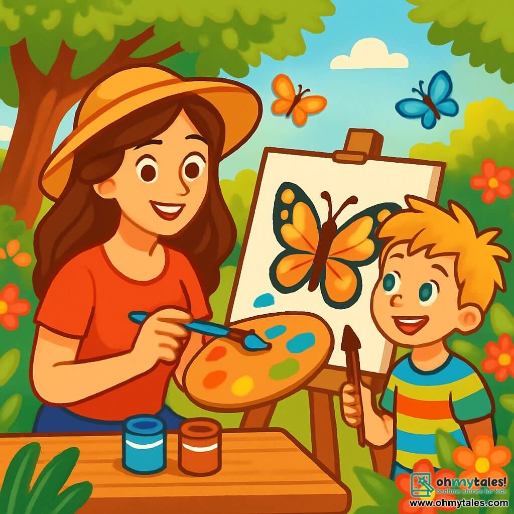 An artist woman, Miss Lily, is sitting at a wooden table in her garden, surrounded by vibrant flowers and lush greenery. She has long brown hair, a warm smile, and sparkling eyes full of creativity. She mixes bright colors on her palette with a joyful and focused expression. Beside her, a 7-year-old boy named Timmy watches in awe. He has messy blonde hair and wears a colorful striped t-shirt. Timmy holds a paintbrush in his hand, ready to paint, and looks at Miss Lily with admiration. The garden is bathed in golden light, with majestic trees and colorful butterflies flying around. Pots of bright flowers enhance the beauty of the setting, creating a joyful and inspiring atmosphere. The main scene shows Miss Lily teaching Timmy how to paint a beautiful butterfly as they share laughter and smiles, surrounded by the magic of art and nature.