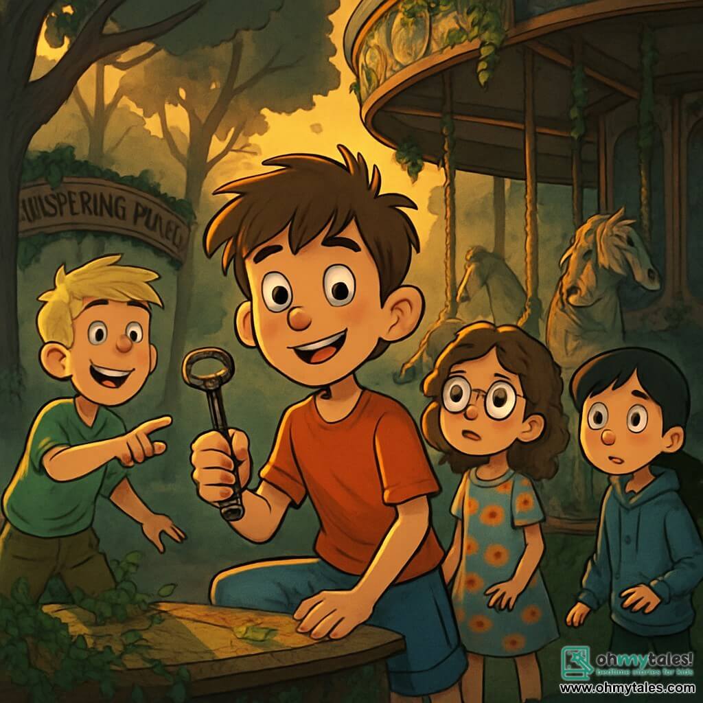 There are 4 children: Jake, an 11-year-old boy with messy brown hair and sparkling curious eyes, wearing a red t-shirt and denim shorts, stands in the center holding an old key. Mia, a 10-year-old girl with curly brown hair and round glasses, is in a flower dress, gazing in wonder at the carousel while slightly stepping back from Jake. Oliver, also 11, has blonde hair and a mischievous smile, dressed in a green t-shirt and cargo pants, stands to Jake's left, excitedly pointing at the carousel. Sophie, a 10-year-old girl with straight black hair in a ponytail, wears a blue hoodie and stands to Jake's right, wide-eyed, observing the mysterious shadows around them. The scene takes place in an old abandoned amusement park called "Whispering Pines," where rides are covered in ivy and rust, and a majestic yet dilapidated carousel stands in the center with horses frozen in dynamic poses. Tall, dark trees surround the area, their twisted branches creating a magical yet eerie atmosphere, while a gentle breeze rustles the leaves, producing strange whispers. The main situation shows the children discovering a hidden secret in the carousel. Jake, holding the key, is about to open a secret door at the base of the carousel, while his friends watch with a mix of excitement and apprehension, their faces illuminated by the golden light of the setting sun filtering through the trees.