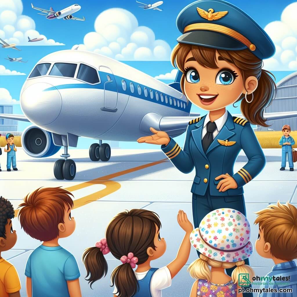 A cena mostra Sofia, uma piloto sorridente, vestida com um uniforme azul e um boné, em pé ao lado de seu avião brilhante sob o sol. Seus cabelos castanhos estão presos em um rabo de cavalo, e seus olhos brilham de excitação enquanto fala com um grupo de crianças. Entre elas, Lucas, um menino de sete anos com cabelos castanhos e olhos curiosos, está na frente, com as mãos na cintura, ouvindo Sofia atentamente e sorrindo. Ao lado dele, Emma, uma menina de seis anos com tranças loiras e um vestido colorido, levanta a mão para fazer uma pergunta, com os olhos brilhando de admiração. A cena acontece no pátio de um aeroporto movimentado, com aviões de diferentes tamanhos ao fundo e nuvens brancas em um céu azul radiante. Técnicos em uniforme trabalham ao redor dos aviões, trazendo vida ao ambiente. Sofia compartilha histórias fascinantes de suas aventuras no ar com as crianças, que estão fascinadas por seus relatos, ilustrando a magia da aviação e a inspiração que ela traz aos jovens sonhadores.
