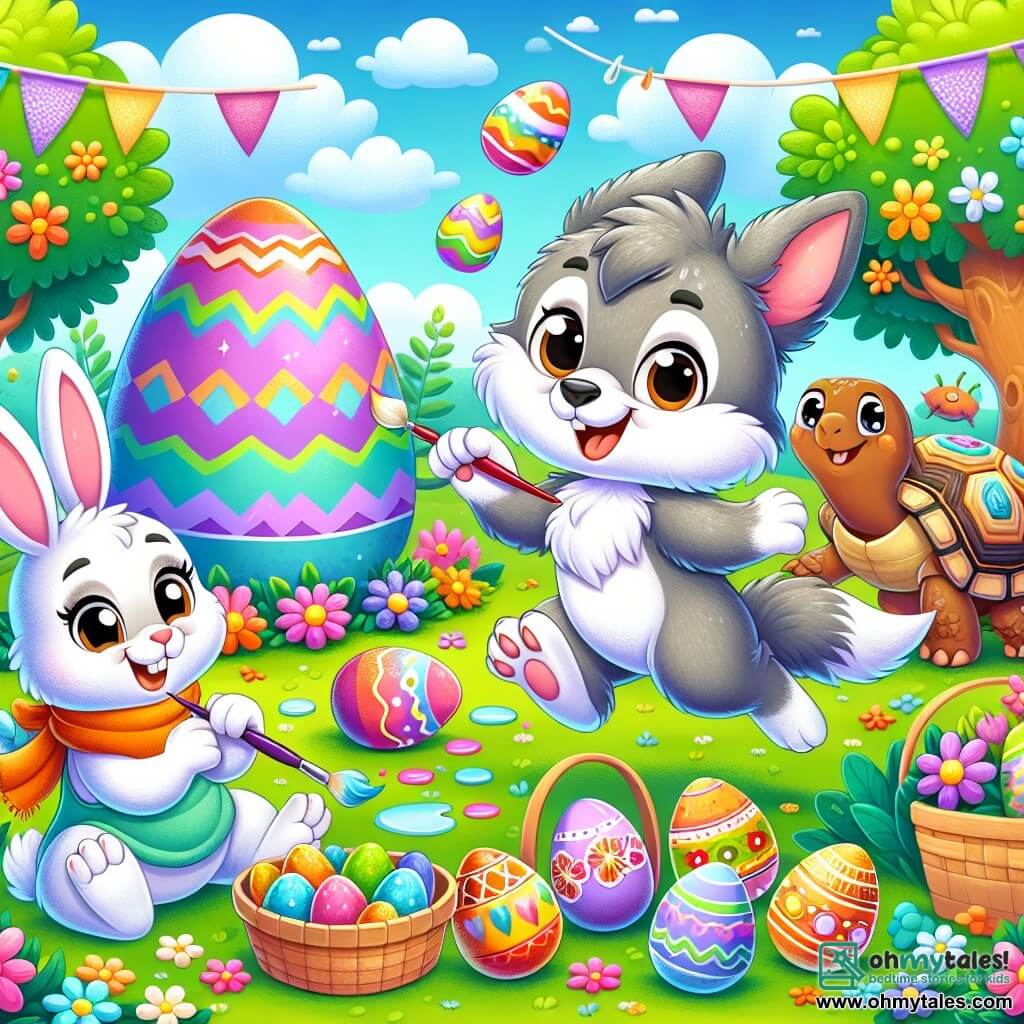 An illustration depicts a small wolf with big curious eyes and soft gray fur, overflowing with joy as it jumps happily, holding a colorful chocolate egg in its little paws. Next to it, a small bunny with large ears, white fur, and sparkling eyes smiles enthusiastically while holding a paintbrush and a palette, ready to decorate eggs. An old turtle, with a shell adorned with colorful patterns and wise eyes, watches with a kind smile, holding a small box filled with painted eggs. The main setting is a vibrant park with bright flowers, leafy trees, and a large shimmering egg at the center, surrounded by baskets filled with chocolates and Easter decorations. The main scene shows the little wolf and its friends participating in an egg painting contest, each expressing their creativity with bright colors and cheerful patterns while laughing and having fun together. Additional graphic elements include painted eggs of various colors scattered around, flower garlands hanging from tree branches, and a clear blue sky dotted with fluffy white clouds, creating a festive and joyful atmosphere.