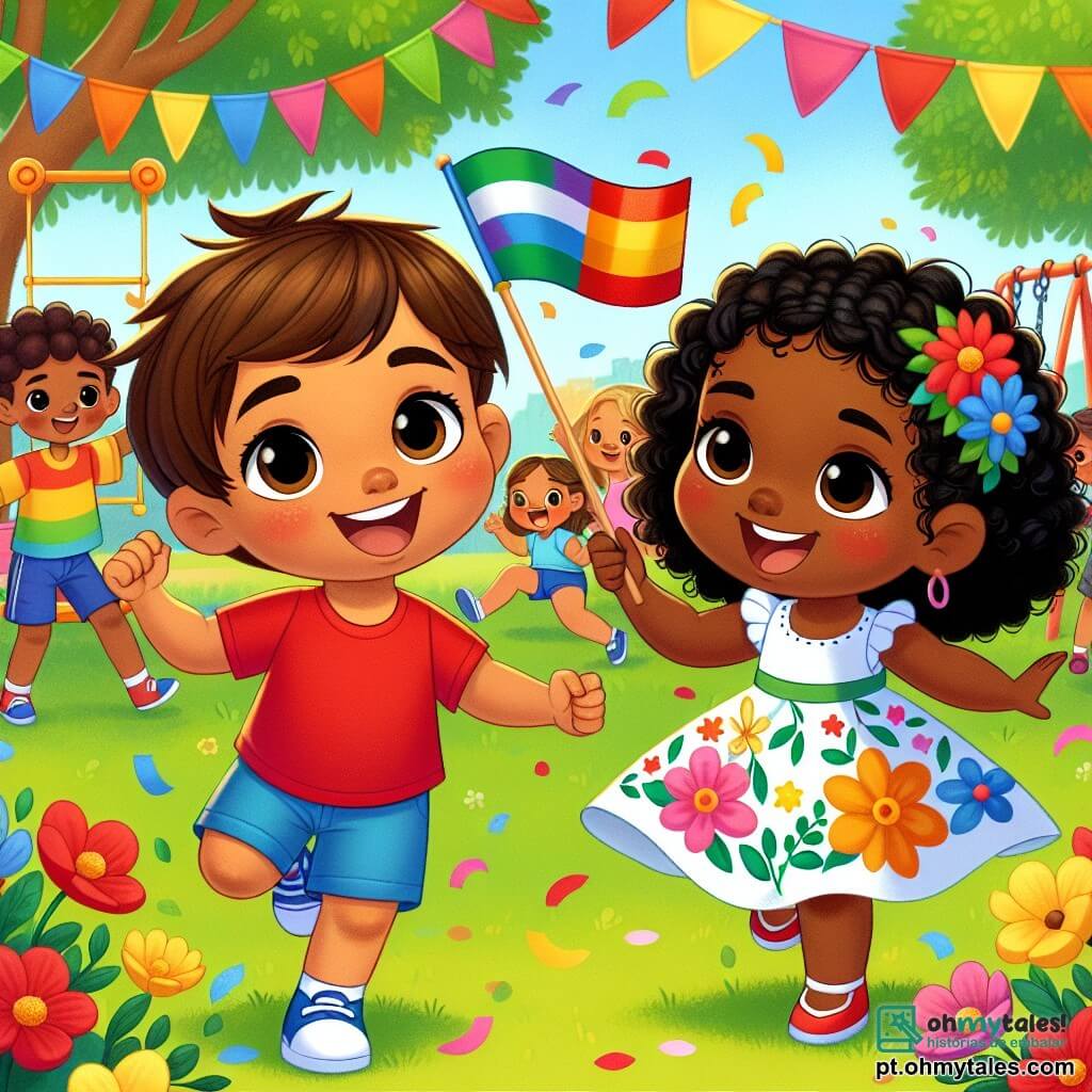 Um menino de 4 anos, Miguel, com cabelos castanhos e olhos brilhantes, sorri alegremente enquanto segura uma pequena bandeira colorida na mão. Ele veste uma camiseta vermelha e um short azul, cercado por outras crianças. Ao lado dele, Aisha, uma menina de 5 anos com cabelos negros cacheados e pele caramelada, dança rindo, vestida com um vestido colorido com estampas florais. Eles estão em um parque ensolarado, cheio de árvores verdes e flores vibrantes, com balanços e um escorregador ao fundo. A cena mostra Miguel e Aisha convidando outras crianças a se juntarem a eles para uma grande festa, celebrando a diversidade e a amizade, enquanto risadas e sorrisos iluminam seus rostos.