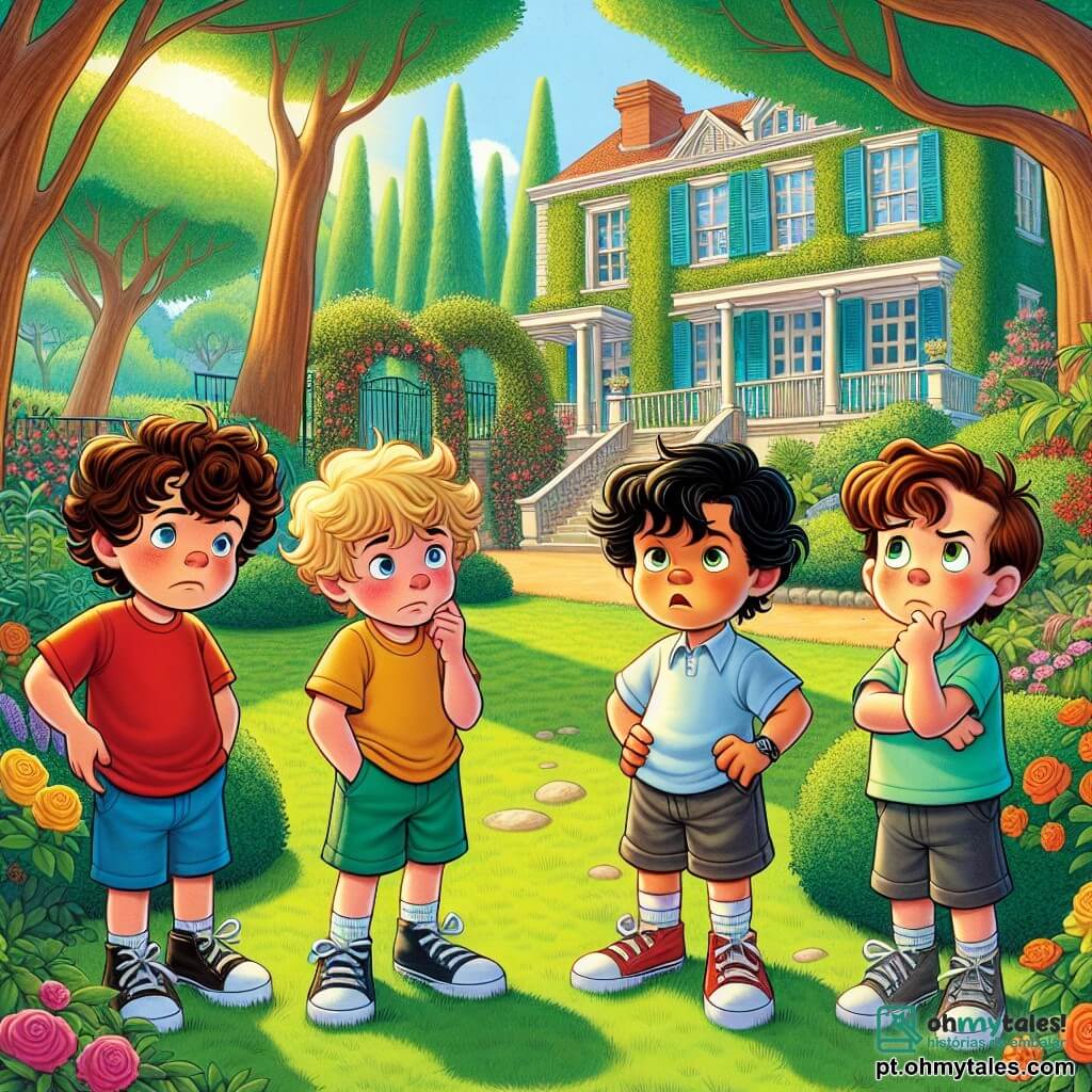 Quatro meninos de cinco anos estão em um parque verdejante, cercados por árvores majestosas e flores coloridas. Miguel, com cabelos castanhos e cacheados, usa uma camiseta vermelha e um short azul, olhando para os amigos com determinação. À sua esquerda, João, com cabelos loiros e lisos, vestido com uma camiseta amarela e um short verde, parece inquieto, coçando a cabeça. À direita, Pedro, com cabelos castanhos e crespos, vestido com uma camiseta azul clara e um short preto, parece pensativo, com os braços cruzados. Por fim, Rafael, com cabelos negros e lisos, usando uma camiseta laranja e um short cinza, está um pouco afastado, parecendo nervoso. A cena acontece em frente à casa da Dona Rosa, uma casa charmosa com janelas azuis e um jardim florido. Os raios de sol iluminam o parque, criando uma atmosfera alegre apesar da tensão. Os meninos discutem seriamente, se preparando para confessar que quebraram a janela da Dona Rosa jogando futebol, ilustrando o momento crucial de sua decisão de dizer a verdade.