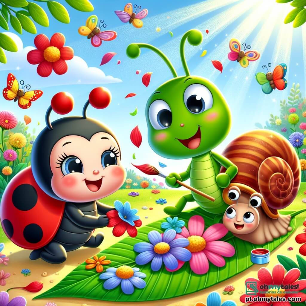 Uma pequena Joaninha, uma joaninha alegre com asas vermelhas com pintas pretas, sorri amplamente segurando pétalas de flores coloridas em suas pequenas patas, cercada por cores vivas. Ao seu lado, um Grilo, um inseto verde com longas antenas, salta com entusiasmo, seus olhos brilhando de alegria, enquanto segura uma folha para ajudar na criação artística. Um Caracol, um caracol fofo com uma concha espiral listrada, os observa com um sorriso amigável, movendo-se lentamente pelo chão. O lugar é um jardim encantador, cheio de flores vibrantes, borboletas dançantes e raios de sol filtrando através das folhas das árvores, criando uma atmosfera mágica. A cena principal mostra Joaninha e seus amigos criando uma obra de arte colando pétalas de flores em uma grande folha, enquanto riem e se divertem juntos, celebrando a amizade e a criatividade sob o céu azul de verão.