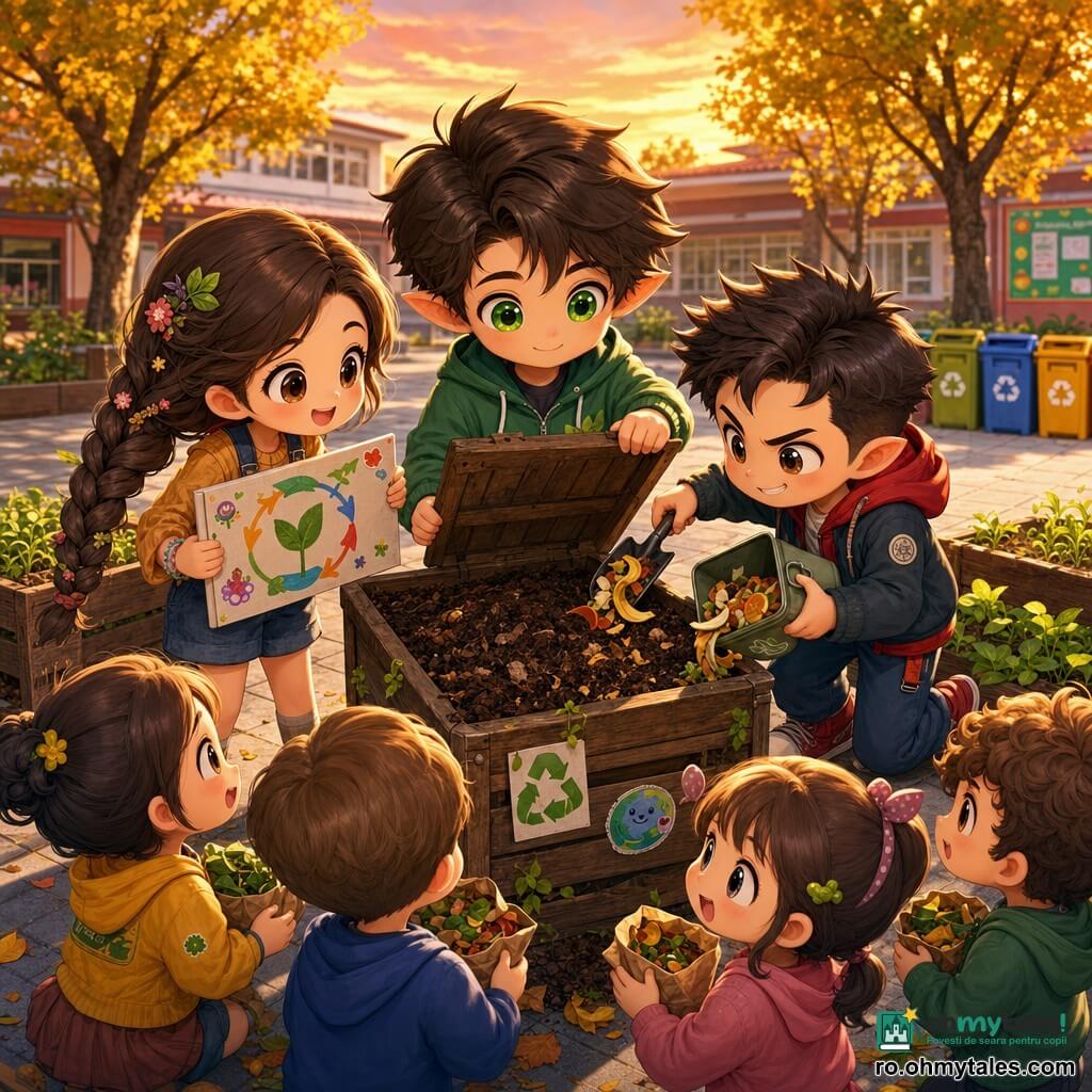 Un băiat (Dinu), chip rotund chibi, ochi verzi, păr brun încâlcit, deschide capacul unui compostor din lemn și arată un pământ brun, umed și sfărâmicios cu un zâmbet blând; o fată (Mara), chibi, cu părul lung împletit, zâmbitoare, ține un panou colorat MARO + VERDE și lipește autocolante, stând la stânga lui; un băiat mic și ghiduș (Vlad) ține o lopățică metalică și o cutie reutilizabilă și varsă coji de fructe în compost, ghemuit la dreapta; 2–3 copii mai mici, chibi, aduc frunze și cojiri împachetate, formând un semicerc în jurul compostorului; locul este curtea școlii la sfârșit de după-amiază, pavaj deschis, jardiniere din lemn cu răsaduri verzi, copaci cu frunze aurii, coșuri de reciclare colorate în fundal și un cer portocaliu blând, lumină caldă; acțiunea e convivială și pedagogică — deschiderea compostorului arată un strat bogat de sol, copiii depun straturi „maro” și „verde”, afișe simple și desene colorate, texturi clare și culori vii, atmosferă pozitivă.