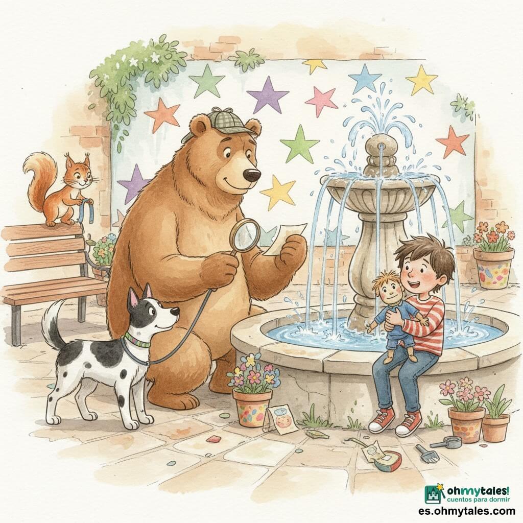 El personaje principal: un gran oso detective de pelaje marrón cálido, de mirada benigna y concentrada, agachado junto a la fuente reparada con una lupa y una nota arrugada; secundario 1: un niño, Nico, de cabello despeinado, aliviado y feliz, sentado a la derecha del oso abrazando una marioneta azul; secundaria 2: Lila, gata atigrada y delgada de ojos vivos y expresión traviesa, en un banco sujetando un trozo de cinta azul; secundaria 3: Sofía, una ardilla rojiza y vivaz, de pie sobre una maceta con salpicaduras de pintura, mirando al oso; secundario 4: Rayo, perro amistoso negro con manchas blancas, con correa, moviendo la cola a la izquierda; lugar: una soleada plaza de barrio con fuente de piedra, bancos de madera, un mural de estrellas en un muro, macetas y herramientas en el suelo; situación: reparación y reencuentro — celebran la marioneta recuperada y la fuente que vuelve a fluir, ambiente cálido, colores pastel suaves con pintura húmeda, salpicaduras de agua brillantes y reflejos blancos.