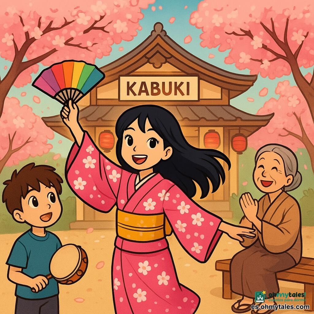 Una joven, Akiko, se encuentra en el centro del escenario, con una sonrisa radiante y ojos llenos de determinación. Su largo cabello negro como la noche flota suavemente al viento, y lleva un kimono tradicional con motivos de flores de cerezo, vibrante en rosa y blanco. Está bailando alegremente, con un abanico colorido en la mano, mientras invita a los niños del pueblo a unirse a ella. A su lado, un niño de unos 8 años, con cabello castaño despeinado y ojos curiosos, observa maravillado, sosteniendo un pequeño tambor de madera. Más lejos, una anciana, probablemente en sus sesenta, con cabello gris y un rostro arrugado pero sonriente, aplaude con entusiasmo, sentada en un banco de madera. El teatro, antiguo y encantador, está rodeado de grandes árboles de cerezo en flor, cuyas pétalos caen como nieve rosa. Las paredes del teatro están adornadas con farolillos de papel colorido, iluminando el lugar con una suave luz dorada. La escena principal muestra a Akiko y los niños bailando juntos, celebrando el regreso del kabuki, llenos de alegría y energía, mientras el público los observa con rostros maravillados, creando una atmósfera festiva y mágica.
