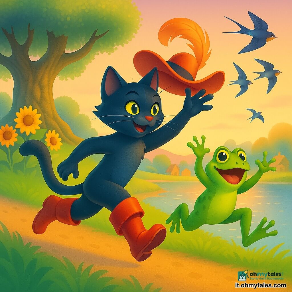 Il Gatto con gli stivali, antropomorfo dal pelo nero lucido con riflessi bluastri, porta alti stivali rossi lucidi e un cappello piumato e corre su un sentiero erboso cercando di afferrare il cappello che vola via; il piccolo rospo, verde a macchie giallo-olive, salta davanti a lui esultando; alcune rondini dal piumaggio indaco e ventre bianco svolazzano sopra il lago; sullo sfondo un vecchio ulivo, girasoli lungo il sentiero e un villaggio di casette; scena al tramonto con lago scintillante e cielo rosa-aranciato: una corsa amichevole in cui il Gatto arriva ultimo ma sorride mentre il rospo celebra la vittoria e rondini e villaggi invisibili applaudono, atmosfera calda, colori vivaci e stile gradient mesh.