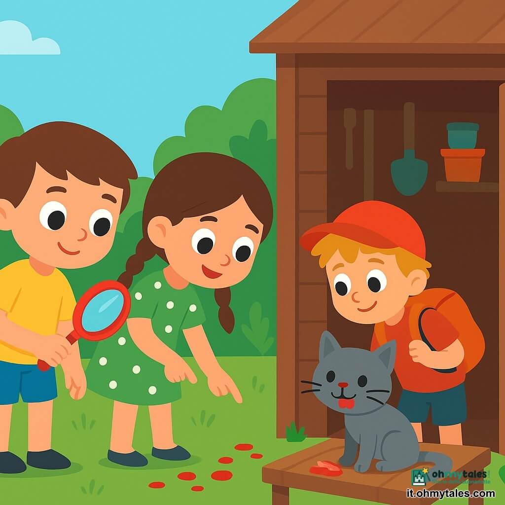 Un bambino di 6 anni, fiero e curioso, viso rotondo, capelli castani corti, occhi grandi, indossa maglietta gialla e pantaloncini blu, tiene una lente d'ingrandimento rossa con la mano destra seguendo macchie di marmellata; una bambina di circa 6 anni (Sara), capelli castani lunghi in due trecce, vestito verde a pois bianchi, sorridente e chinata indica le tracce accanto al bambino; un bambino di circa 6 anni (Marco), capelli biondi spettinati, berretto rosso e zaino arancione, apre delicatamente la porta di un piccolo capanno di legno e guarda dentro dalla parte posteriore degli amici; un gattino grigio con baffi sporchi di marmellata è seduto su un tavolo di legno dentro il capanno con tracce rosse intorno al muso e un pezzo di pane con marmellata accanto; luogo: giardino luminoso e colorato, prato verde, fiori rossi e gialli, piccolo capanno di legno marrone sullo sfondo, qualche attrezzo appeso e vasi impilati, sul terreno una scia di gocce rosse dal cestino del pane al capanno; scena principale: i tre piccoli investigatori scoprono che il gatto ha mangiato la marmellata; atmosfera gioiosa, colori vivaci, forme semplici e contrastate, composizione chiara centrata sulla lente, le tracce e il gatto.