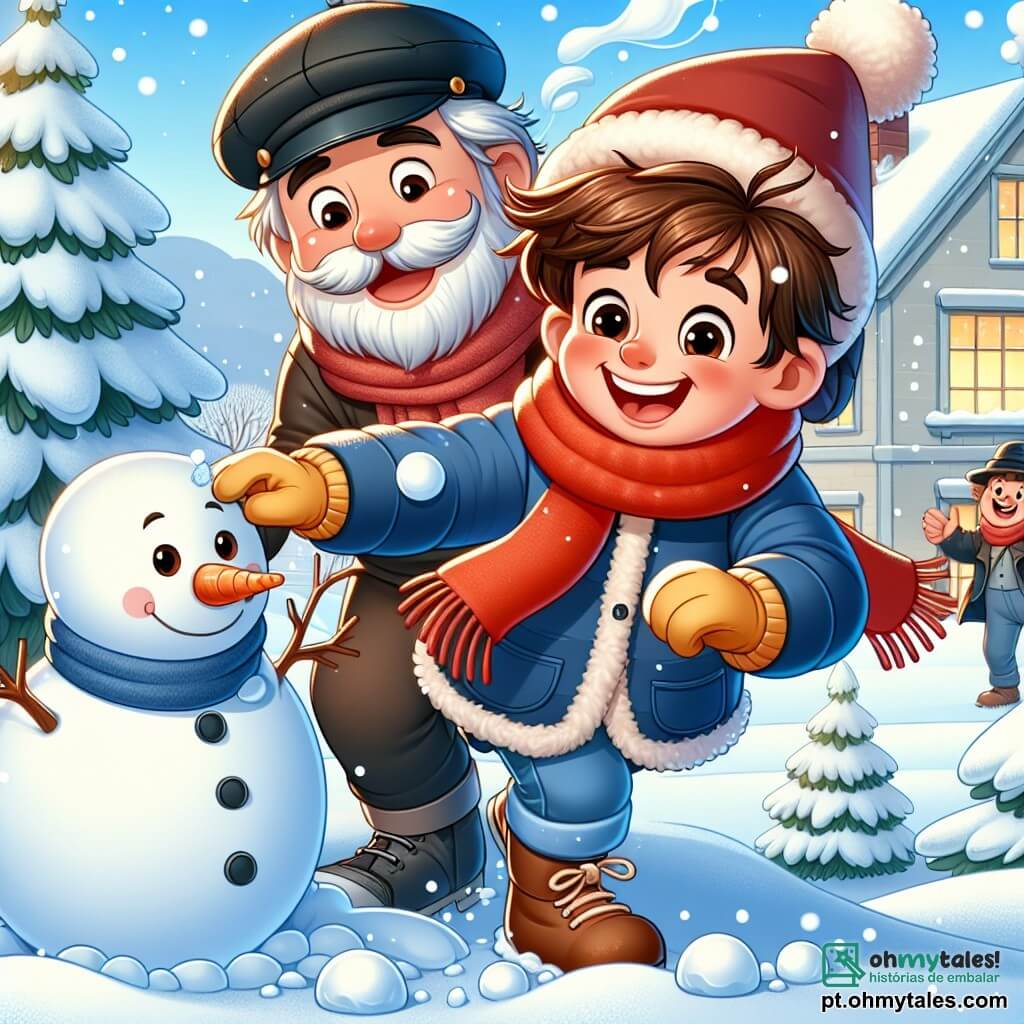 Um menino de 6 anos, Miguel, com cabelos castanhos bagunçados e bochechas rosadas, usa um grande casaco azul, um cachecol vermelho e luvas amarelas. Ele sorri alegremente, com os braços levantados, fazendo um boneco de neve em um jardim coberto de neve cintilante. Ao seu lado, seu pai, um homem de cerca de 30 anos com barba castanha e um gorro preto, ri enquanto lança uma bola de neve em direção a Miguel, pronto para brincar. Ao fundo, árvores cobertas de neve e uma casa aconchegante com fumaça saindo da chaminé acrescentam um toque de magia invernal. A cena mostra Miguel em ação, cercado de neve, com flocos caindo suavemente do céu, criando uma atmosfera alegre e festiva.