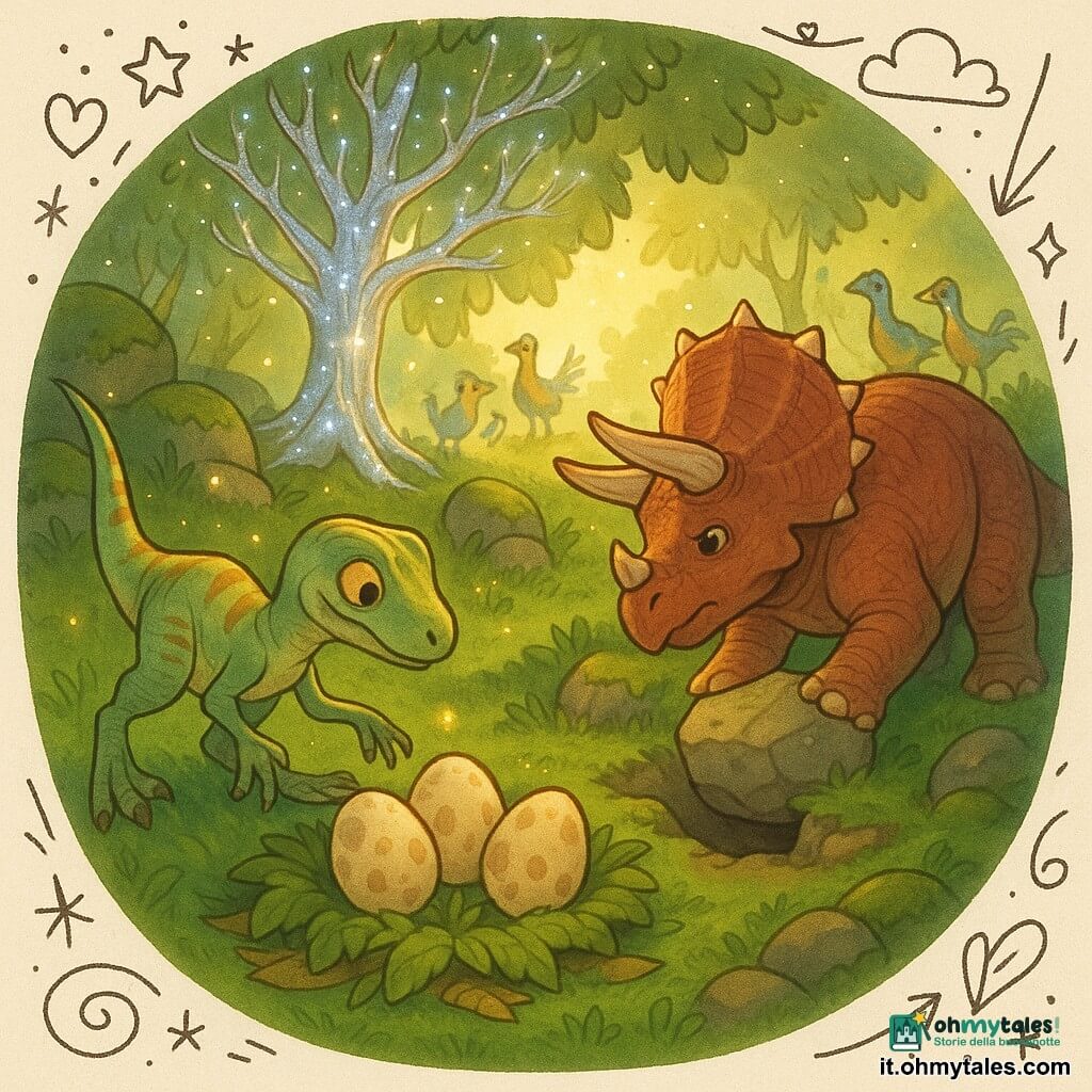 Un velociraptor attento e coraggioso, scaglie verde chiaro con striature ocra, occhi espressivi, inclinato e con coda in equilibrio mentre guida con zampa e coda tre grandi uova crema e marrone macchiettate in una nassa di muschio e foglie; un massiccio triceratopo chiamato Thar, corazza bruno-rossiccia e corna imponenti ma sguardo dolce, inginocchiato accanto a una piccola crepa mentre spinge una roccia per stabilizzare il pendio; sullo sfondo alcuni piccoli dinosauri piumati, colorati e curiosi, che osservano a distanza; radura circolare segreta con morbida erba a cuscini, licheni, un albero fossile dal tronco argentato e rami cristallini, lucciole fluttuanti e rocce muschiose; scena centrale di salvataggio dolce e eroico al crepuscolo dorato, atmosfera calda e solidale, composizione semplice e adatta ai bambini.
