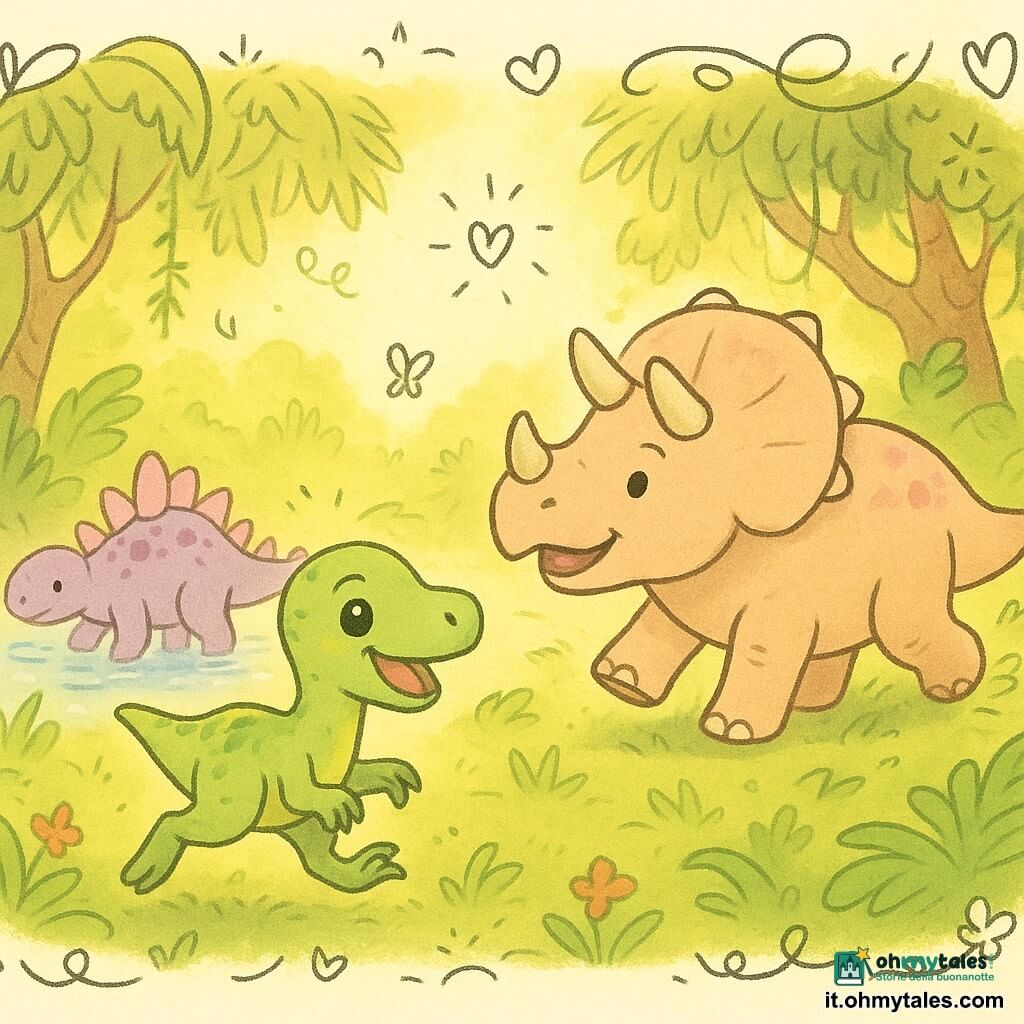 Un piccolo velociraptor sorridente dagli occhi rotondi e lucenti, piumaggio verde tenue con tocchi gialli, postura gioiosa che corre saltellando sulla muschia; un grande triceratopo amichevole, pelle beige con riflessi rosati e corna arrotondate, che corre accanto sollevando una nuvola di foglie; uno stegosauro timido con piastre rosa e viola che schizza delicatamente l'acqua di un lago poco profondo sullo sfondo; la scena in una foresta luminosa di felci giganti, alberi dai tronchi contorti coperti di liane e piccoli fiori colorati, il sole basso che dorato filtra tra le foglie e qualche farfalla; i tre dinosauri giocano insieme vicino a un lago scintillante, con risate rese da piccole note grafiche e doodle di cuori e stelle intorno a loro.