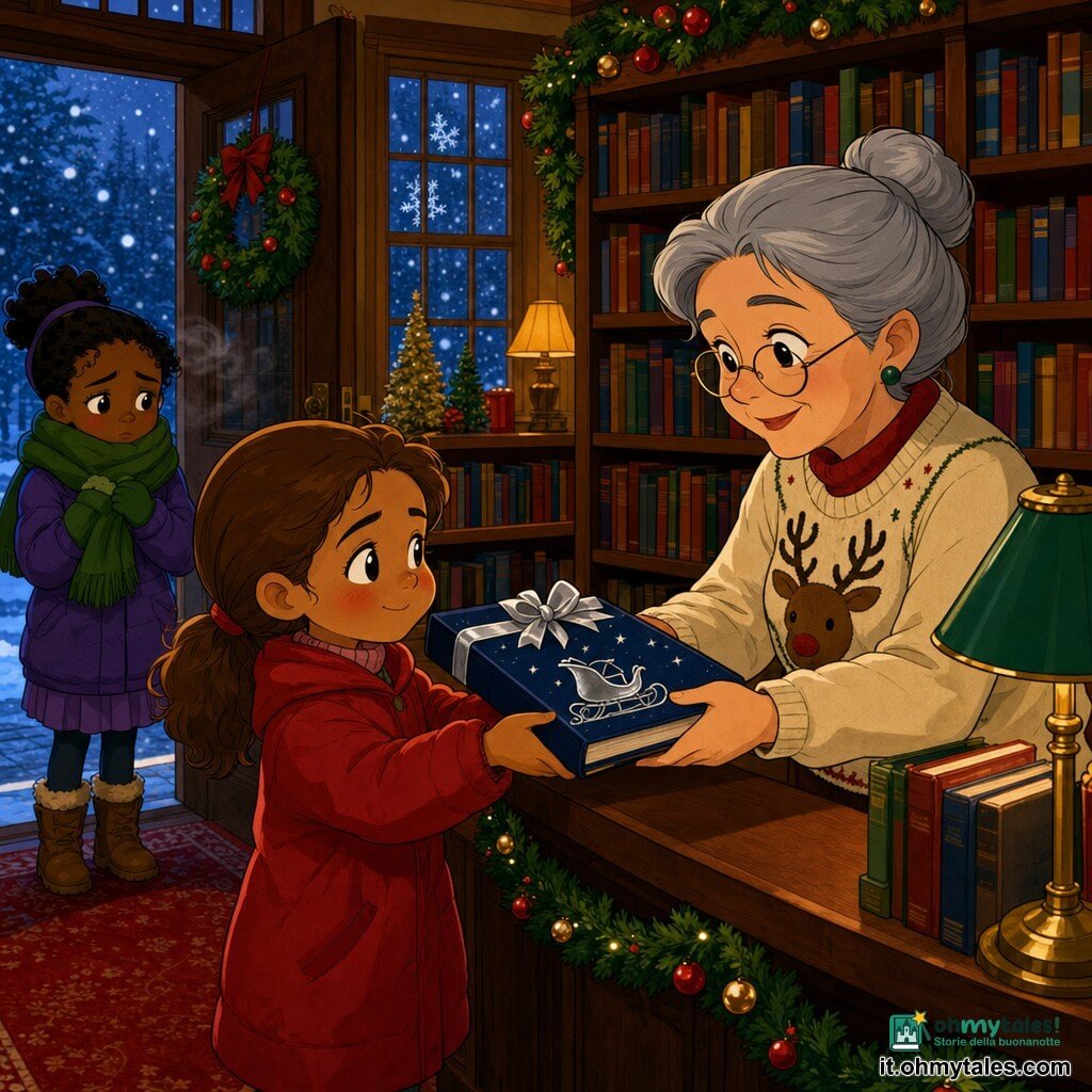 Una bambina di 8 anni, Livia, sorridente ma timida, capelli castano chiaro raccolti in una coda, guance arrossate dal freddo, con un cappotto rosso, tiene contro il petto un libro blu notte legato da un nastro argentato; una bibliotecaria di circa 50 anni, capelli grigi raccolti in uno chignon, occhiali rotondi e maglione con renna, tende le mani per riceverlo dietro un bancone di legno; un'altra bambina di 8 anni, Nora, osserva timidamente dalla porta con una sciarpa verde e le mani serrate; interno di una piccola biblioteca di paese con scaffali scuri pieni di libri, tappeto rosso, decorazioni natalizie e una finestra ghiacciata con neve fuori; luce calda e dorata, vapore del respiro vicino alla porta; scena centrale: lo scambio del libro con gesti delicati e sguardi complici, atmosfera accogliente e festiva; stile grafico anni ’90, colori saturi, contorni netti, espressioni accentuate, composizione incentrata sulle mani che si scambiano il libro.