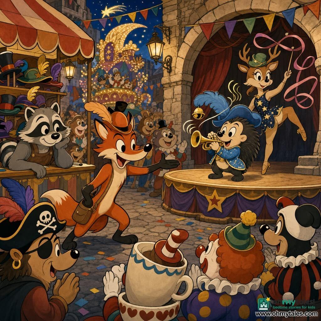 Lucid, a slim elegant anthropomorphic fox with shiny red fur and mischievous eyes, wearing a small satchel and an orange feathered hat, smiles confidently and reaches forward as if encouraging; Pip, a playful young hedgehog, small and round in a sparkly jacket, wide-eyed with animated brows and a large blue feathered hat with a tinkling bell, plays a trumpet on stage beneath an arch; a deer in a starry costume with a small green hat between her antlers stands in the background twirling a ribboned baton with a relaxed radiant face; a raccoon hat vendor with gray fur and a leather apron watches from a colorful stall at left, kindly pressing a paw to the counter; the arcade square is paved with large old stones, beige stone arches, multicolored pennants and hanging lanterns casting warm light, striped banners and a distant glittering comet float; main scene: lively carnival atmosphere, Pip laughs as he plays a bouncy tune while the hat bell sends out little drawn sound waves and the costumed crowd (pirates, giant teacups, clowns) applauds—movement, joy, and saturated colors.