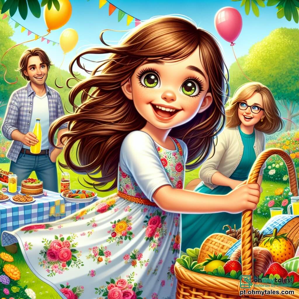Uma menina de 10 anos, Clara, com longos cabelos castanhos e olhos brilhantes de curiosidade, sorri alegremente segurando uma grande cesta cheia de deliciosas guloseimas para um piquenique. Ela usa um vestido colorido com flores que dança com o vento, e seu rosto irradia excitação e amor. Ao seu lado, sua mãe, uma mulher de cerca de 35 anos, com cabelos castanhos e um sorriso caloroso, está maravilhada com a surpresa que sua filha preparou. Ela veste uma blusa leve e jeans, olhando para Clara com olhos brilhantes de orgulho. O pai de Clara, um homem de cerca de 40 anos, com uma barba leve e óculos, está um pouco afastado, segurando uma garrafa de limonada e um grande sorriso no rosto, pronto para ajudar. A cena acontece em um parque verdejante, cheio de flores coloridas e grandes árvores, sob um céu azul brilhante. Balões flutuam suavemente no ar, e guirlandas de cores vibrantes decoram o espaço, criando uma atmosfera festiva e alegre. Clara, cheia de entusiasmo, anuncia à mãe que organizou um piquenique surpresa para o Dia das Mães, enquanto o pai, divertido, se prepara para servir a limonada, contribuindo para a alegria deste dia especial.