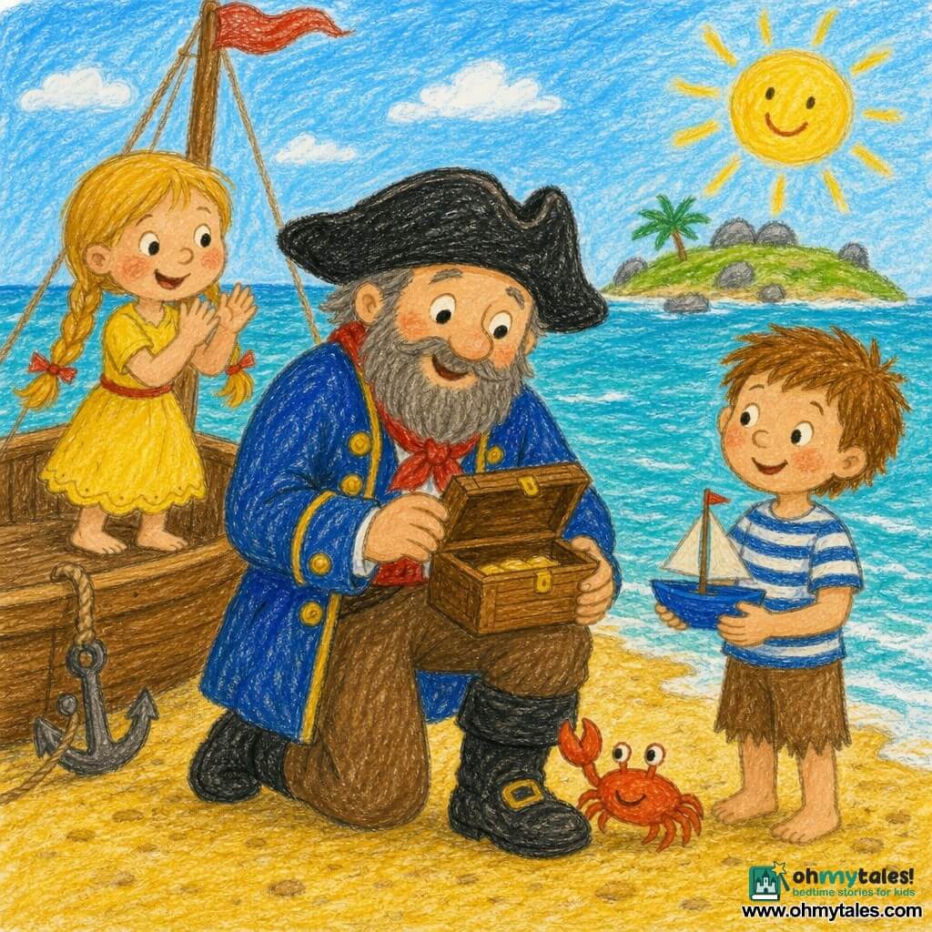 A kind smiling pirate with a round face, short gray beard and wide black hat kneels on textured golden sand opening a small wooden box and finding a red scarf and a small blue toy boat; an ~8-year-old boy with short brown hair and a striped shirt stands near the shore holding a blue toy boat and admiring the pirate, a ~7-year-old girl with blond pigtails in a yellow dress claps happily on the low deck of a small anchored wooden boat to the left, a small red-orange crab scuttles near the pirate’s boot, tiny lush island with short green grass, rounded gray rocks, calm turquoise sea with small white waves, light blue sky and soft yellow sun, warm safe atmosphere, bright colors, simple rounded shapes and visible crayon texture.