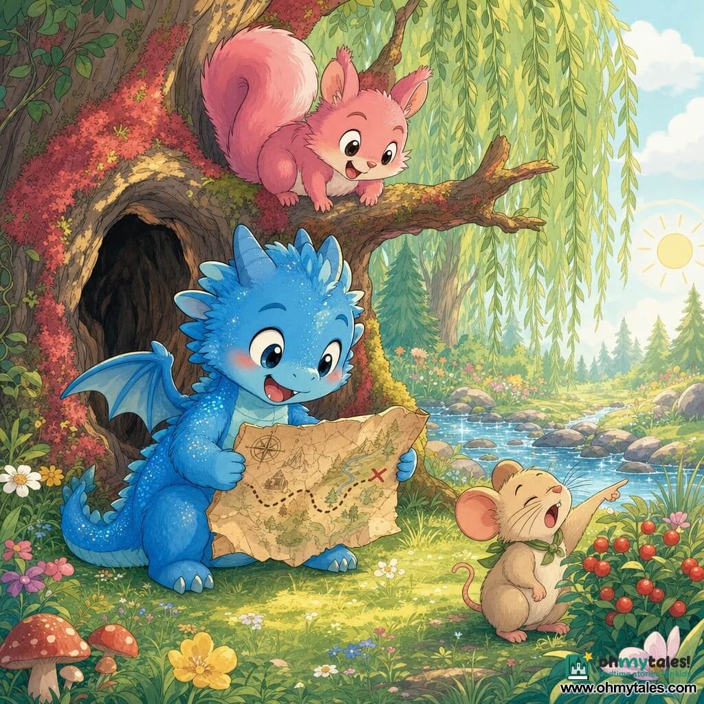 A small fluffy blue dragon with sparkling scales and round cheeks holds an old crumpled map and looks at the ground; a pink fluffy squirrel with round mischievous eyes smiles and perches on a low branch of a mossy hollow trunk, enthusiastically watching the dragon; a sleepy but awakened beige mouse with fine whiskers points the way toward the sun near a red berry bush; a bright green forest with tall grass, colorful wildflowers, a moss-covered hollow trunk, a sparkling stream with round stones and a weeping willow; warm light and sun patches; the dragon and squirrel discover the map together at the trunk—squirrel above on the branch, dragon crouched—both joyful and curious, a hidden-treasure feeling, soft pastel colors, rounded shapes and clean outlines.