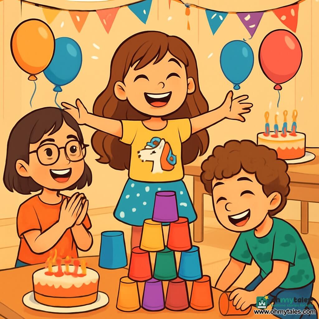 A 10-year-old girl, Maya, with long wavy brown hair and a bright smile, stands in the center with her arms open, full of joy and excitement. She wears a colorful t-shirt featuring a unicorn and a polka dot skirt. Next to her, Noor, a 10-year-old girl with short hair and glasses, enthusiastically claps, her eyes sparkling with happiness. Mateo, a 10-year-old boy with curly hair wearing a dinosaur-patterned t-shirt, bends down to pick up a fallen cup, laughing with his friends. The scene takes place in a bright community room decorated with colorful balloons and sparkling garlands, with a large table in the center filled with multicolored plastic cups and a birthday cake adorned with candles. Maya and her friends are building a cup tower, all focused and having fun, while a gentle breeze slightly moves the decorations, adding a touch of magic to the festive atmosphere.