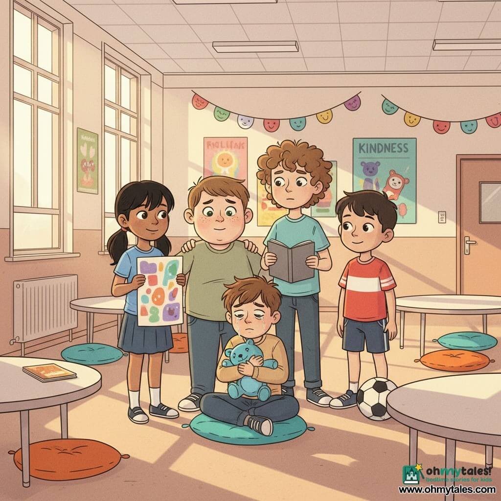 A 12-year-old boy (Jamie) with a round face and freckles, anxious but determined green eyes, a shy smile, hands gently on another boy’s shoulder; a younger boy (Ethan, about 10) with tousled brown hair, relieved and slightly flushed, sitting hunched on a chair hugging a small stuffed toy; a 12-year-old girl (Maya) with black pigtails, warm encouraging expression, standing next to Jamie holding a colorful poster; a 12-year-old boy (Leo), tall with curly hair, standing behind the group with an open notebook and attentive gaze; a 12-year-old boy (Alex) in a sports T-shirt, smiling protectively with a ball at his feet at the rear right of the group; the scene is in a decorated school meeting room—cream walls, large windows, kindness posters, paper garlands, round tables, and bright orange and turquoise cushions; main situation: a small circle of classmates gathered around Ethan with soothing gestures and supportive looks, warm sunlight, solidarity replacing isolation.