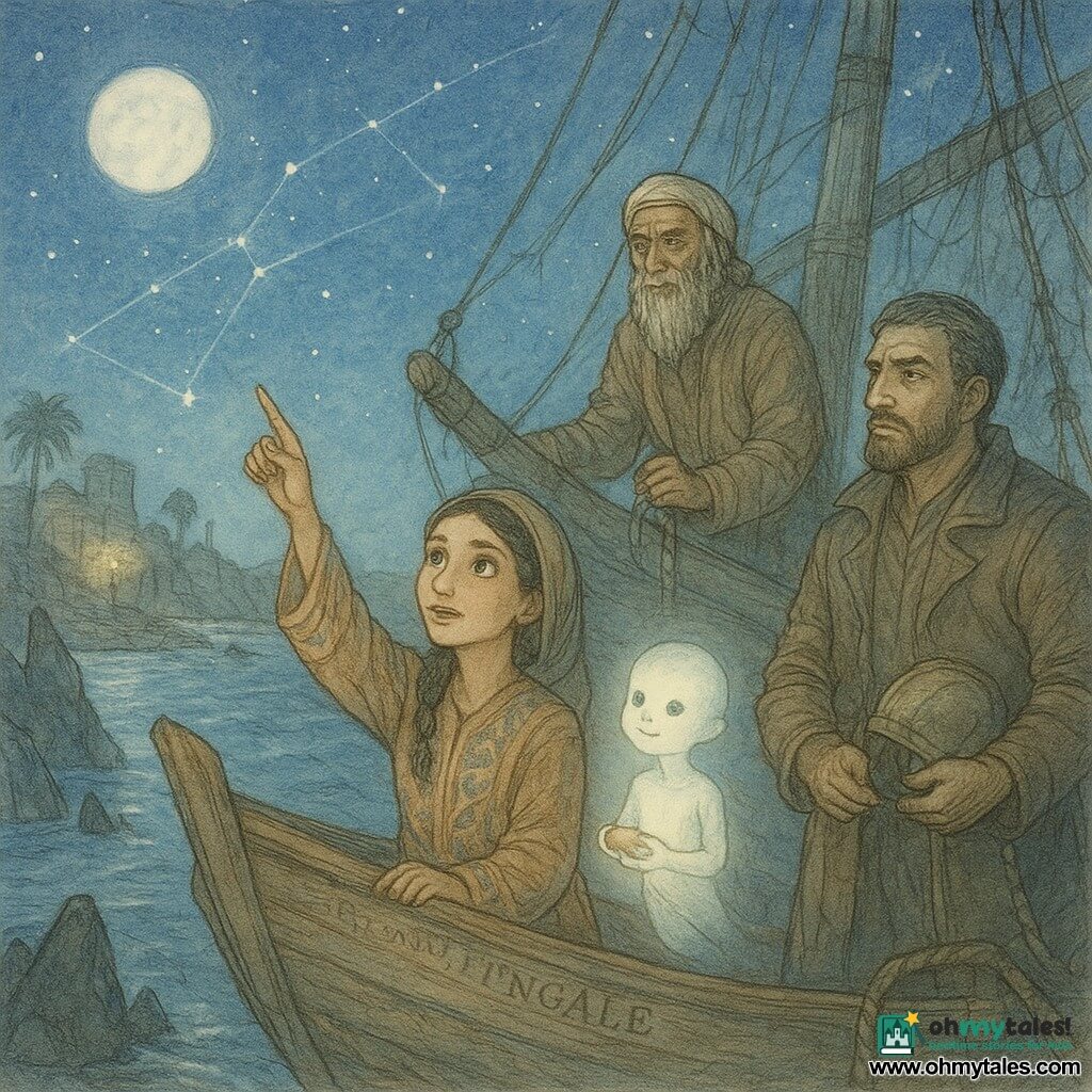 A calm, determined woman named Amira, braided black hair under a light veil and wearing an ocre-and-blue patterned robe, points a luminous star chart above a small dinghy while a small glowing childlike djinn with dawn‑colored translucent skin and black pearl eyes floats nearby smiling and offering a breadcrumb; Merchant Jabir (~65), wrinkled with a long gray beard and wearing a worn earth-toned robe, stands on the deck of the stranded ship The Nightingale clutching a rope, and a robust captain (~40) in a sea-stained leather jacket, holding a simple helmet, leans toward the prow listening hesitantly; the ship is lodged among black, toothlike reefs with cracked planks, taut rigging and only one flickering lantern, against a night harbor of palms, hanging oil lamps and warm stone walls with moonlight silvering the dark water and stars tracing a blue‑silver path on the sea — mood: tense yet hopeful, dominated by indigo, pale gold and ochre, rendered in delicate lines and watercolor textures for a soft magical atmosphere.