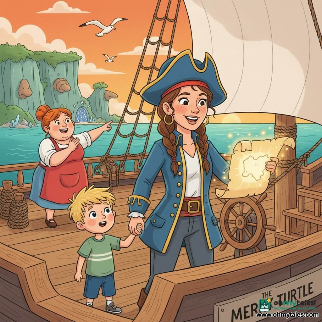 A smiling, determined female pirate captain in her thirties with braided brown hair, a slightly oversized hat and a blue jacket with gold buttons holds a parchment map that seems to move and whisper; luminous face, sparkling eyes, confident stance at the ship’s railing. To her left on deck, Pip, a small blond-haired boy of about 8 with tousled hair and a face full of wonder, holds the captain’s hand and looks at the map. In the background near the rigging, Rosie the cook, about 28, round and cheerful with red hair in a bun and a red apron, applauds and points to the horizon. Close-up graphic view of The Merry Turtle’s deck: grained wood, twisted ropes, wooden wheel, billowing white sail and gulls in the sky. In the distance, Echoes Island with green cliffs, a crystal-bright cave and rocks shaped like noses and a shell; a turquoise sea under an orange sunset sky. Main scene: the crew discovers a magical animated map on deck at sunset, warm adventurous mood, saturated colors, simple readable shapes, crisp lines and soft contours, composition centered on the captain and the map.