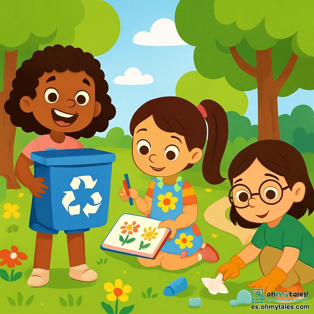 Hay 3 personajes: - Lila: una niña de 8 años con cabello rizado y una gran sonrisa. Lleva una camiseta rosa y un short de mezclilla. Sostiene un gran contenedor de reciclaje. - Mia: una niña de 7 años con cabello largo y liso, recogido en una cola de caballo. Lleva un vestido de flores coloridas y sostiene lápices de colores. Está dibujando en un cuaderno. - Sara: una niña de 8 años con cabello castaño y gafas redondas. Lleva una camiseta verde y pantalones beige. Está agachada, recogiendo basura con guantes. La situación principal tiene lugar en un parque verde, lleno de árboles majestuosos con hojas brillantes. Flores multicolores salpican el suelo, y un pequeño camino de grava serpentea entre los árboles. A lo lejos, se ve un cielo azul claro con algunas nubes blancas esponjosas. La situación principal de la historia muestra a las tres amigas limpiando el parque, sonrientes y decididas. Recogen basura mientras se divierten, rodeadas de la belleza de la naturaleza. Lila, con su contenedor, anima a sus amigas, mientras Mia dibuja flores en su cuaderno y Sara recoge basura con cuidado.