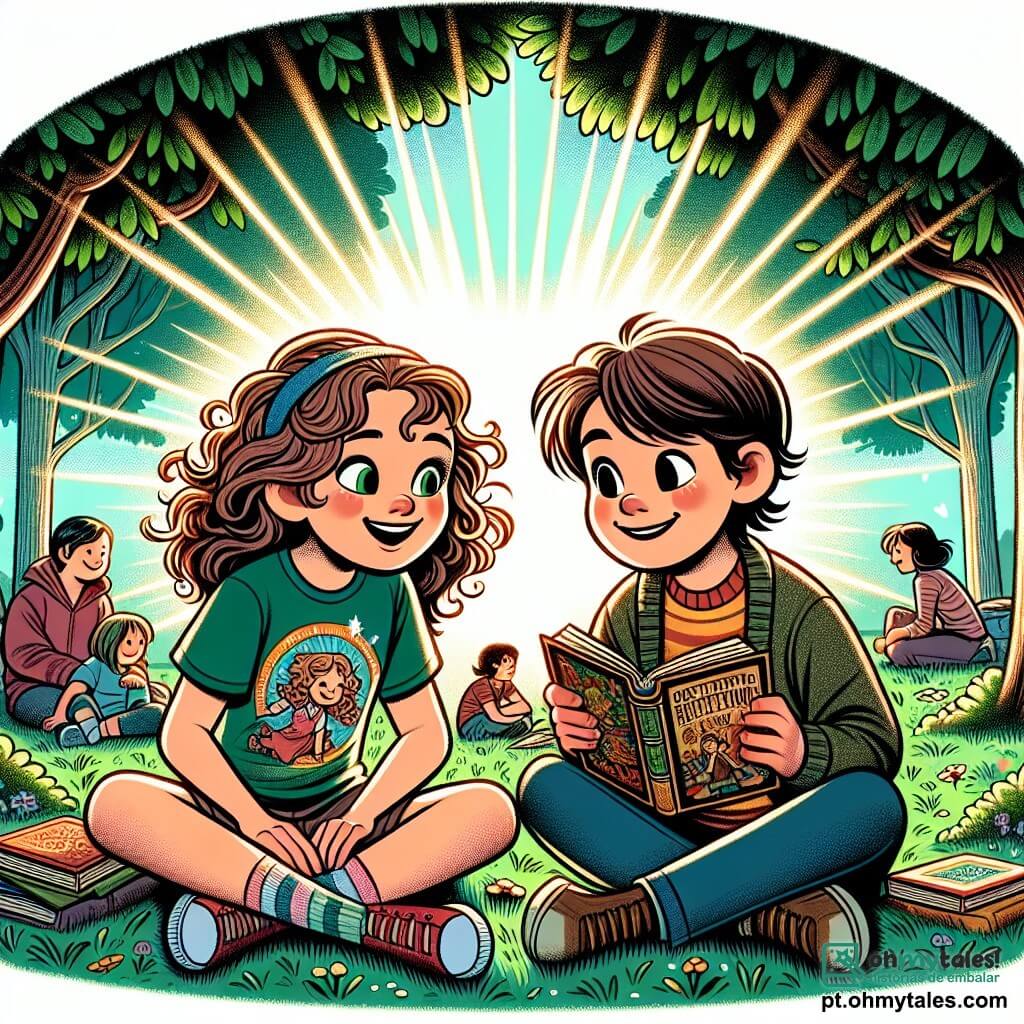 Au centre da imagem, uma menina de 12 anos, Ana, com cabelos cacheados e olhos brilhantes de curiosidade, está sentada na grama verde de um parque. Ela usa uma camiseta colorida e um short, e seu rosto expressa grande alegria e entusiasmo enquanto lê um livro antigo sobre aventuras. Ao lado dela, Lucas, um garoto de 12 anos com cabelos castanhos e olhos suaves, está sentado de pernas cruzadas, sorrindo e olhando para Ana com admiração. Ele veste um suéter desgastado e um jeans, segurando outro livro nas mãos. O parque está cheio de grandes árvores com folhas vibrantes, e raios de sol filtram-se através dos galhos, criando padrões luminosos no chão. Ao fundo, famílias se reúnem em torno de barracas de jogos e comida, adicionando uma atmosfera festiva à cena. A situação principal mostra Ana e Lucas compartilhando um momento de cumplicidade, imersos na leitura, cercados pela energia alegre do parque, simbolizando a amizade e a solidariedade no coração de sua aventura.